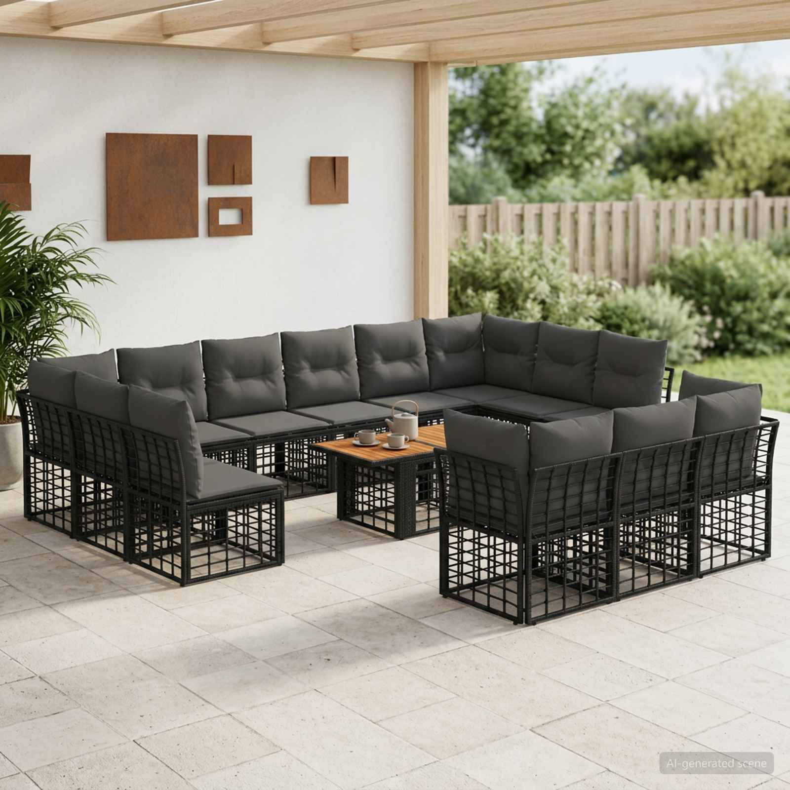 Außenterrasse mit einem dunkelgrauen Ecksofa-Set um einen kleinen Couchtisch angeordnet, unter einer überdachten Terrasse mit Blick auf einen eingezäunten Garten.