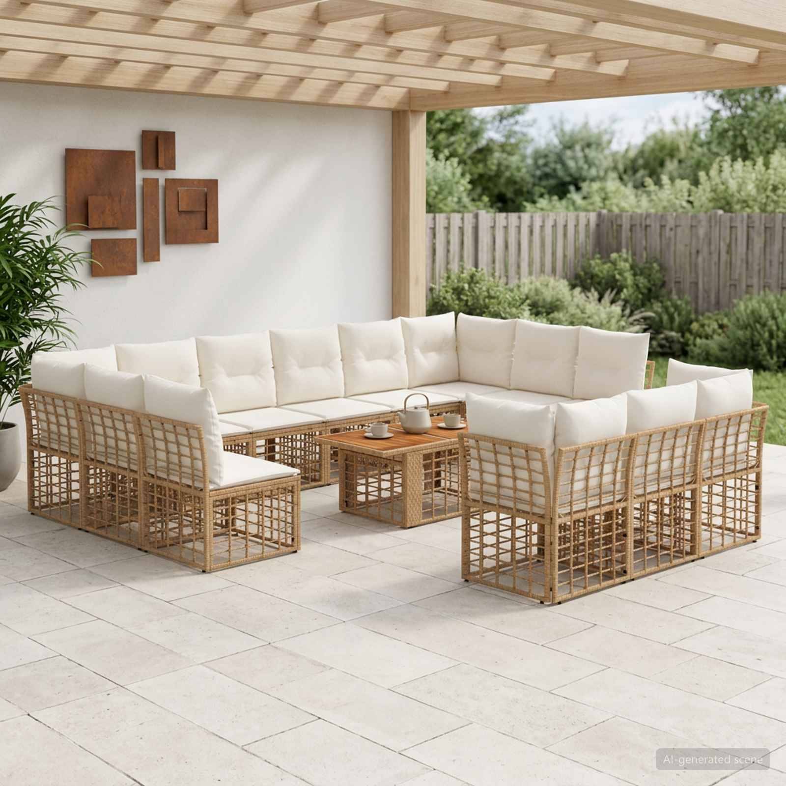 Außenpatio mit cremefarbenen Polsterwicker-Eckgarnituren um einen kleinen Couchtisch unter einer Holzpergola.