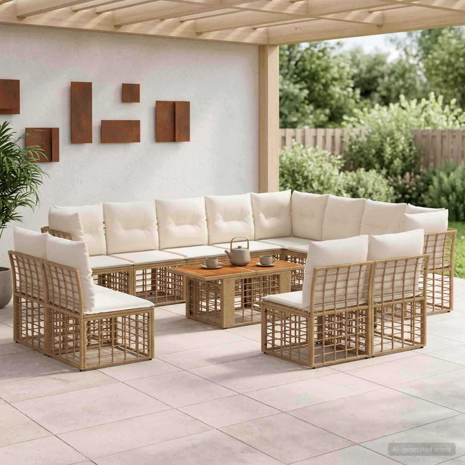 Gartenmöbel-Set für die Terrasse mit cremefarbenen Kissen und geflochtenen Rattanrahmen, das um einen niedrigen hölzernen Couchtisch unter einer Pergola angeordnet ist.