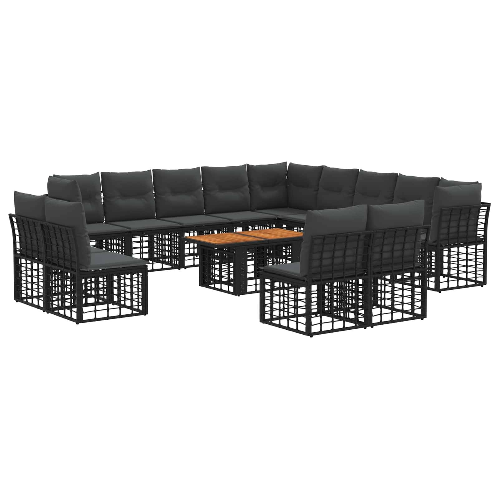 Schwarzes modulares Outdoor-Sectional-Sofaset mit Kissen und einem niedrigen rechteckigen Couchtisch auf weißem Hintergrund.