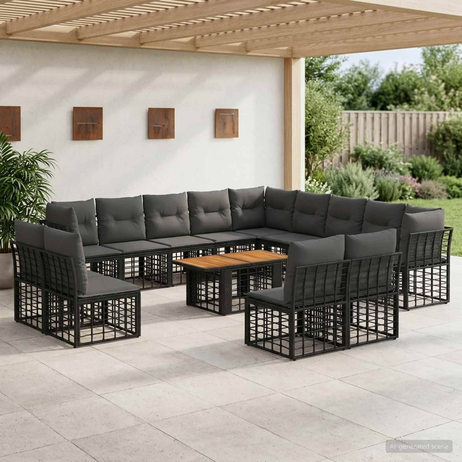 Outdoor-Terrassensitzgarnitur mit U-förmigem dunkelgrauem Ecksofa, vier Stühlen und einem zentralen Couchtisch unter einer Pergola