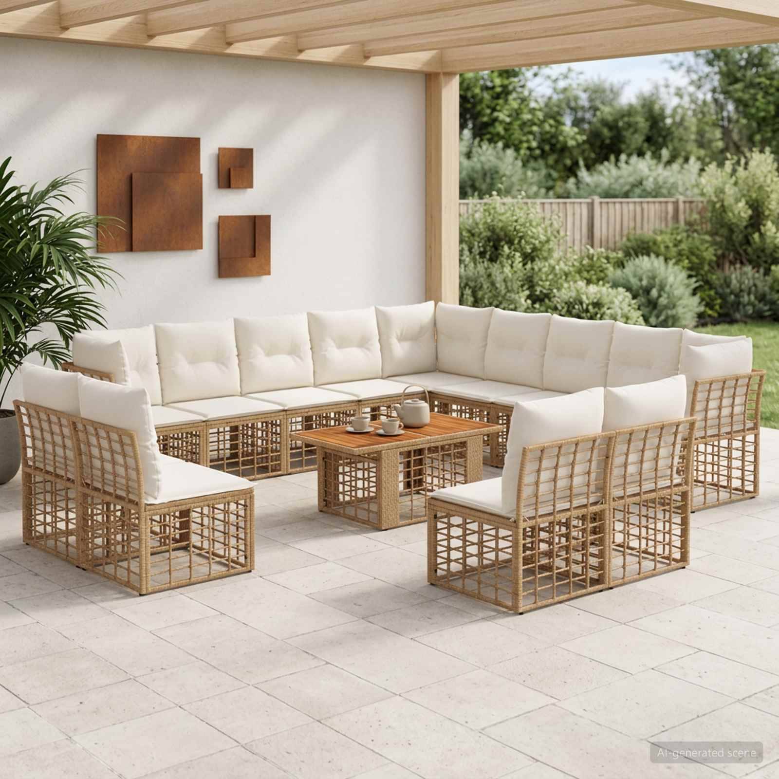 Moderne Außenterrasse mit einem beige L-förmigen Ecksofa, passenden Stühlen und hölzernen Couchtischen unter einer überdachten Pergola