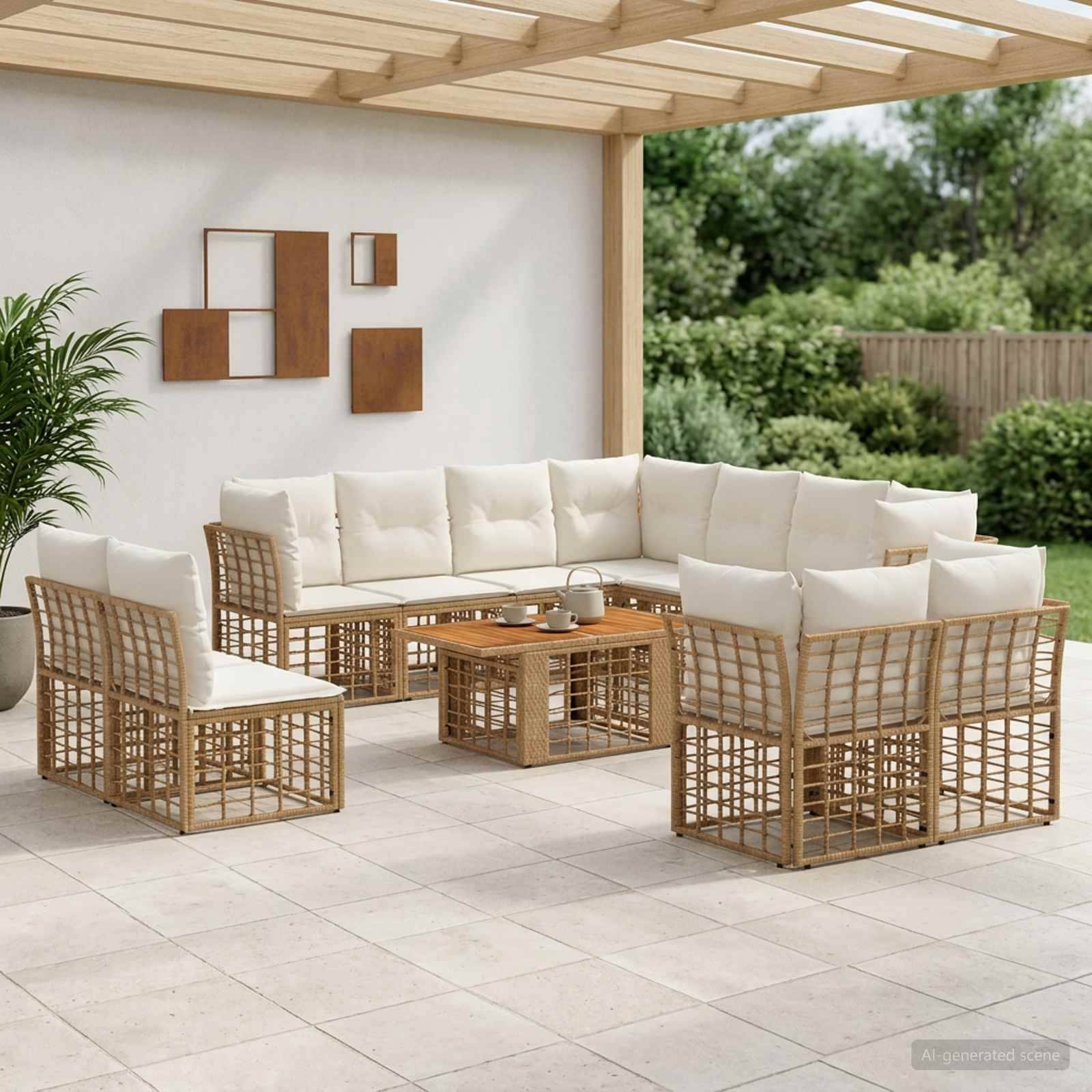 Gartenlounge-Set im Freien mit beigen Kissen und geflochtenen Rattanrahmen, angeordnet um einen Couchtisch unter einer Pergola.