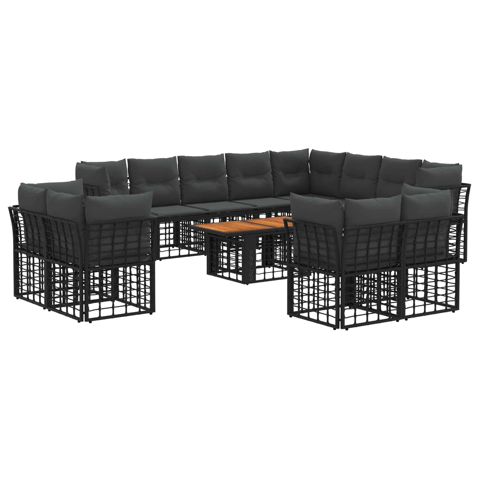 Schwarzes modulares Außen-Ecksofa mit grauen Kissen, das um einen zentralen Holz-Couchtisch angeordnet ist.