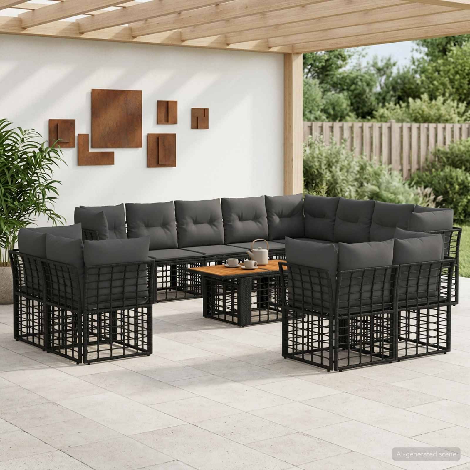 Outdoor-Sitzgarnitur auf der Terrasse mit grauen Kissen, schwarzen Metallrahmen und einem kleinen Couchtisch unter einer Holzpergola.
