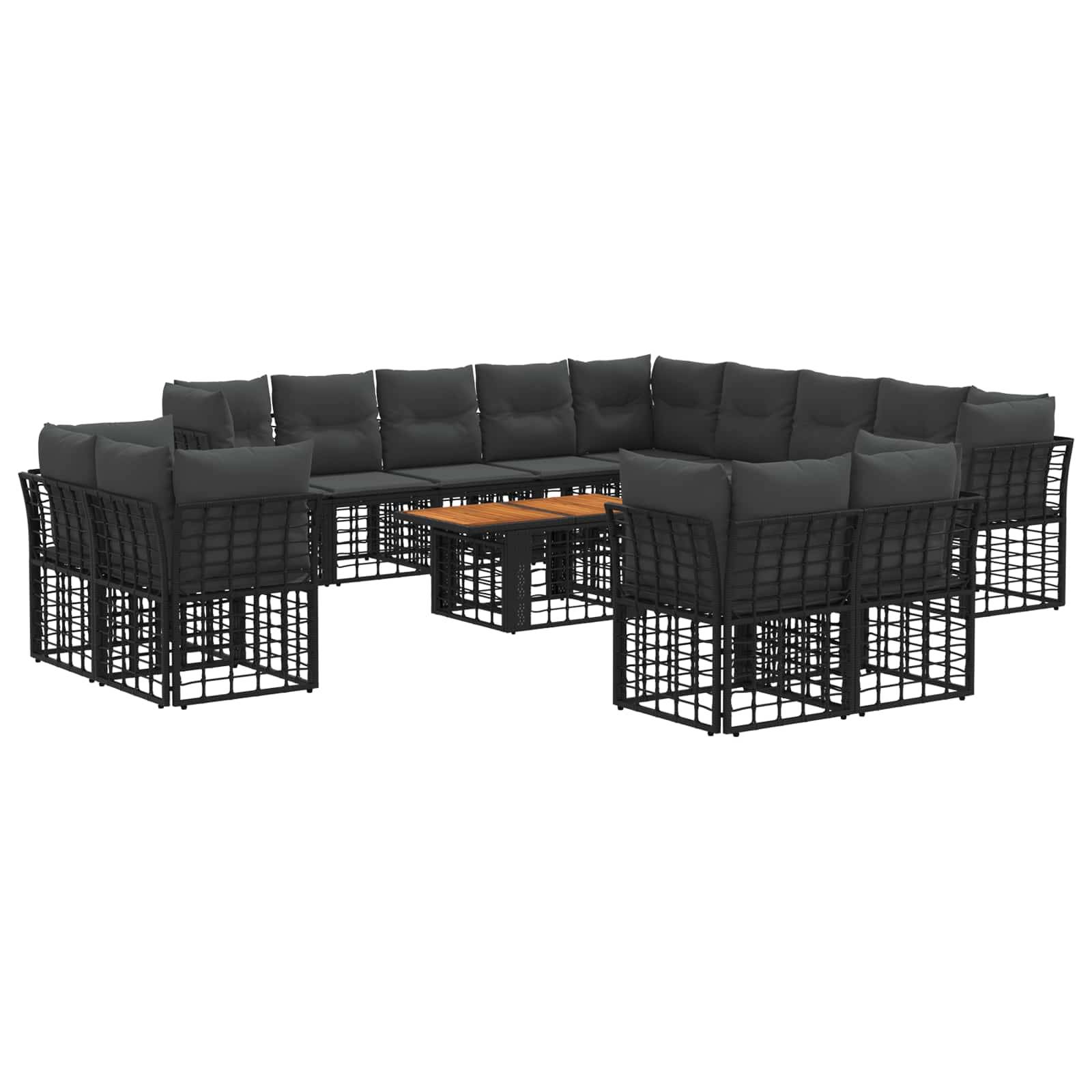Schwarze Outdoor-Sectional-Sofagarnitur mit gepolsterten Stühlen und einem niedrigen Holz-Couchtisch in U-Form angeordnet.
