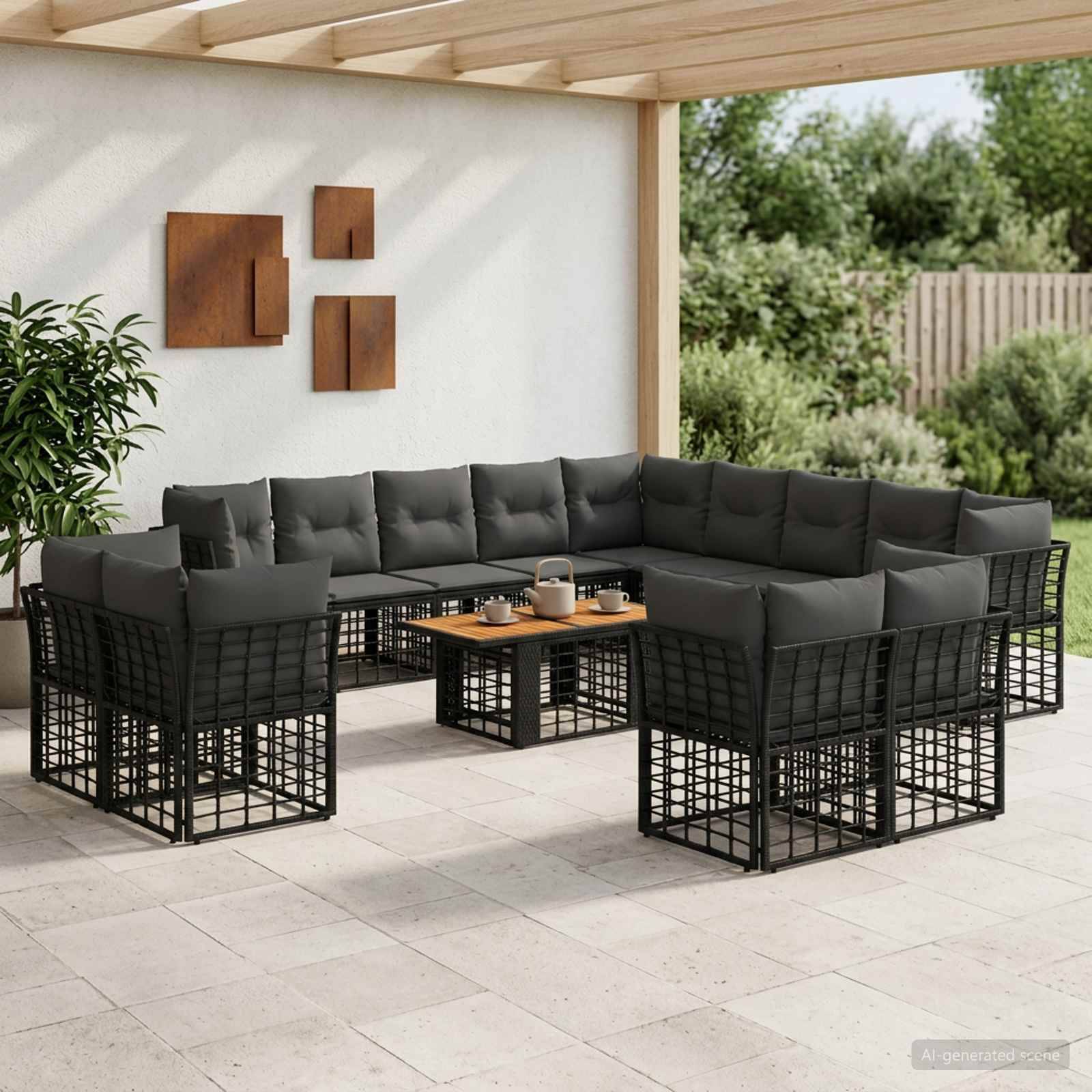 Modernes Außen-Ecksofa-Set mit dunklen Kissen und einem niedrigen Couchtisch auf einer überdachten Terrasse.