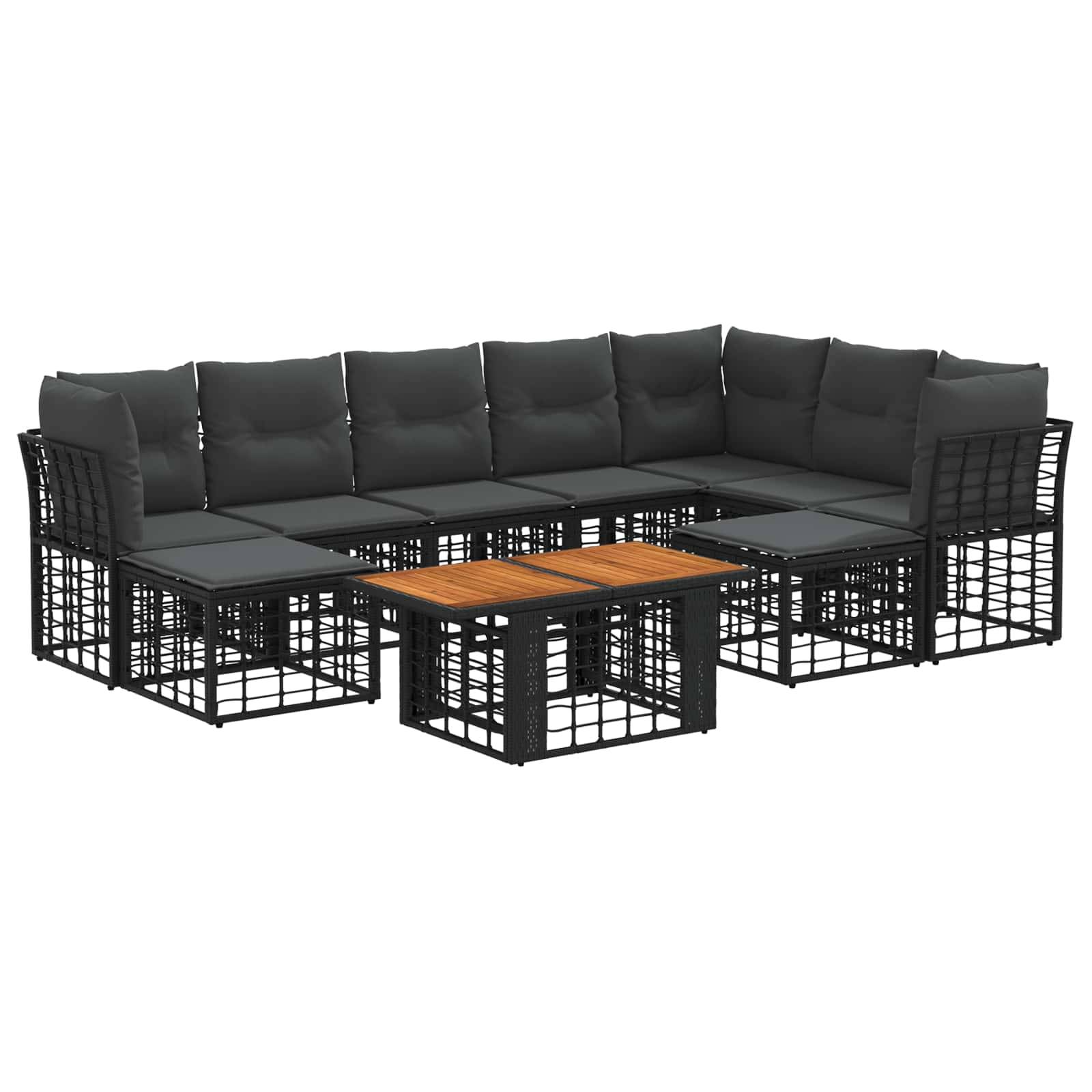 Modulares schwarzes Outdoor-Loungeset mit gepolsterten Sitzflächen und gewebtem Rahmen, arrangiert um einen kleinen Couchtisch mit Holzplatte.