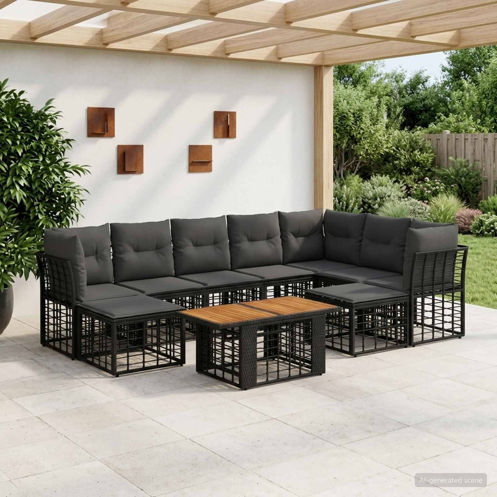 Outdoor-Patio-Ecksofa mit dunklen Kissen, schwarzem Rahmen und zwei Couchtischen mit Holzplatte unter einer Pergola in einem angelegten Garten.