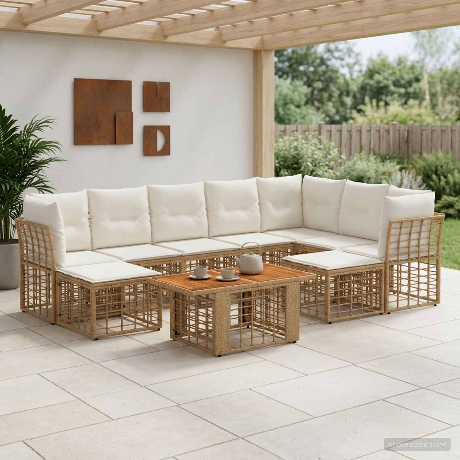 Outdoor-Terrassensektor-Sofa-Set mit cremefarbenen Kissen, geflochtenen Rattanrahmen und einem zentralen Couchtisch unter einer Pergola.
