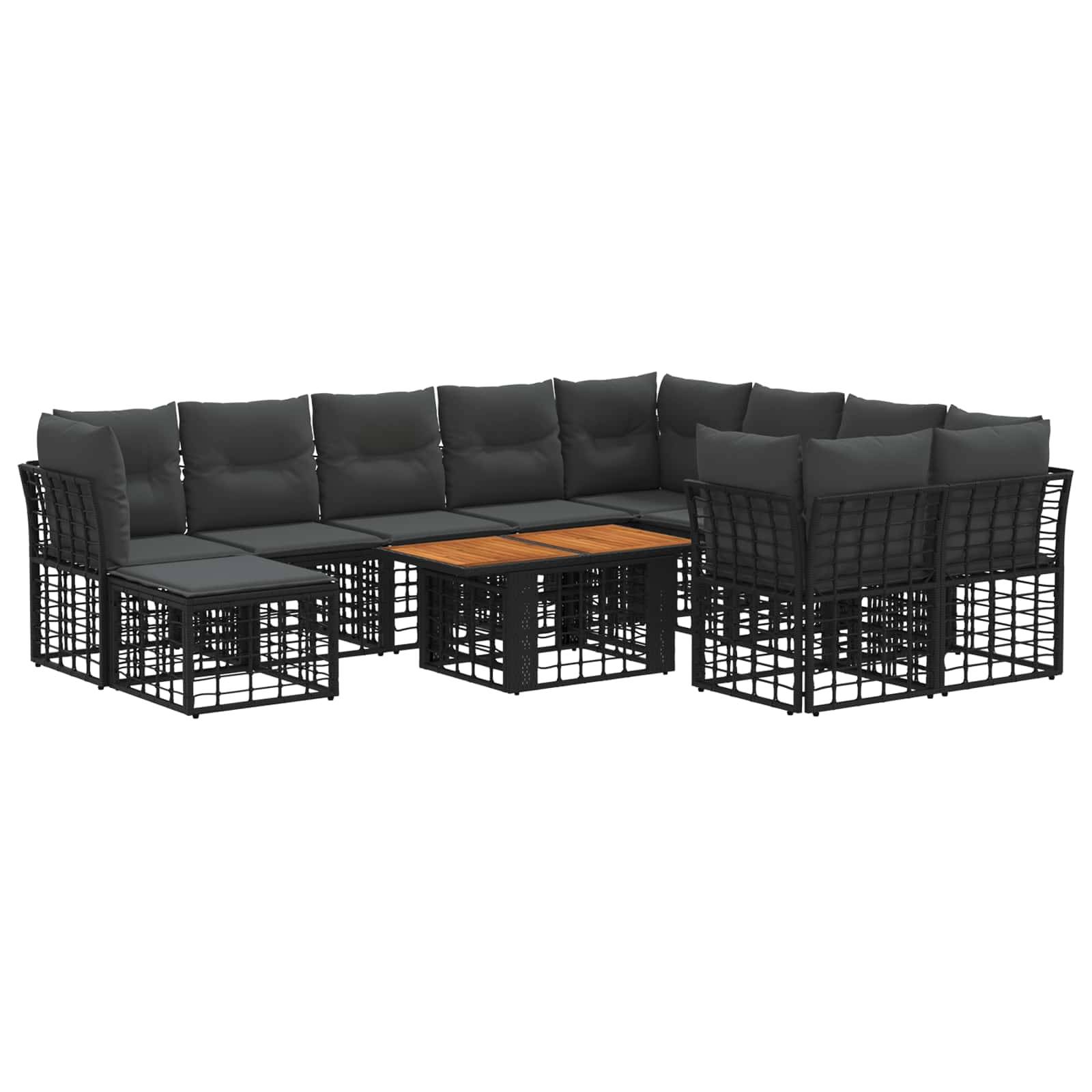 L-förmiges Outdoor-Loungesofa-Set mit dunklen Kissen und schwarzem geflochtenem Rahmen, plus passendem Couchtisch mit Holzplatte.