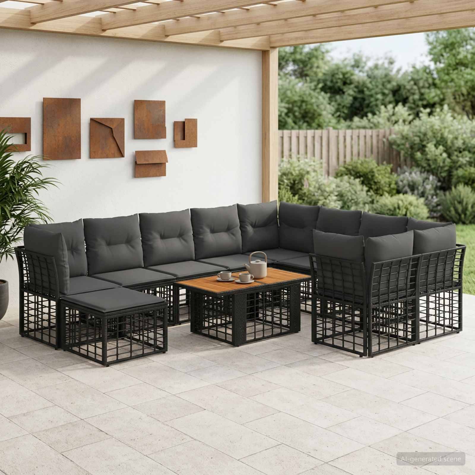 Outdoor-Terrassensitzgarnitur mit schwarzem Rahmen, grauen Kissen, Couchtisch und passenden Beistelltischen unter einer Pergola