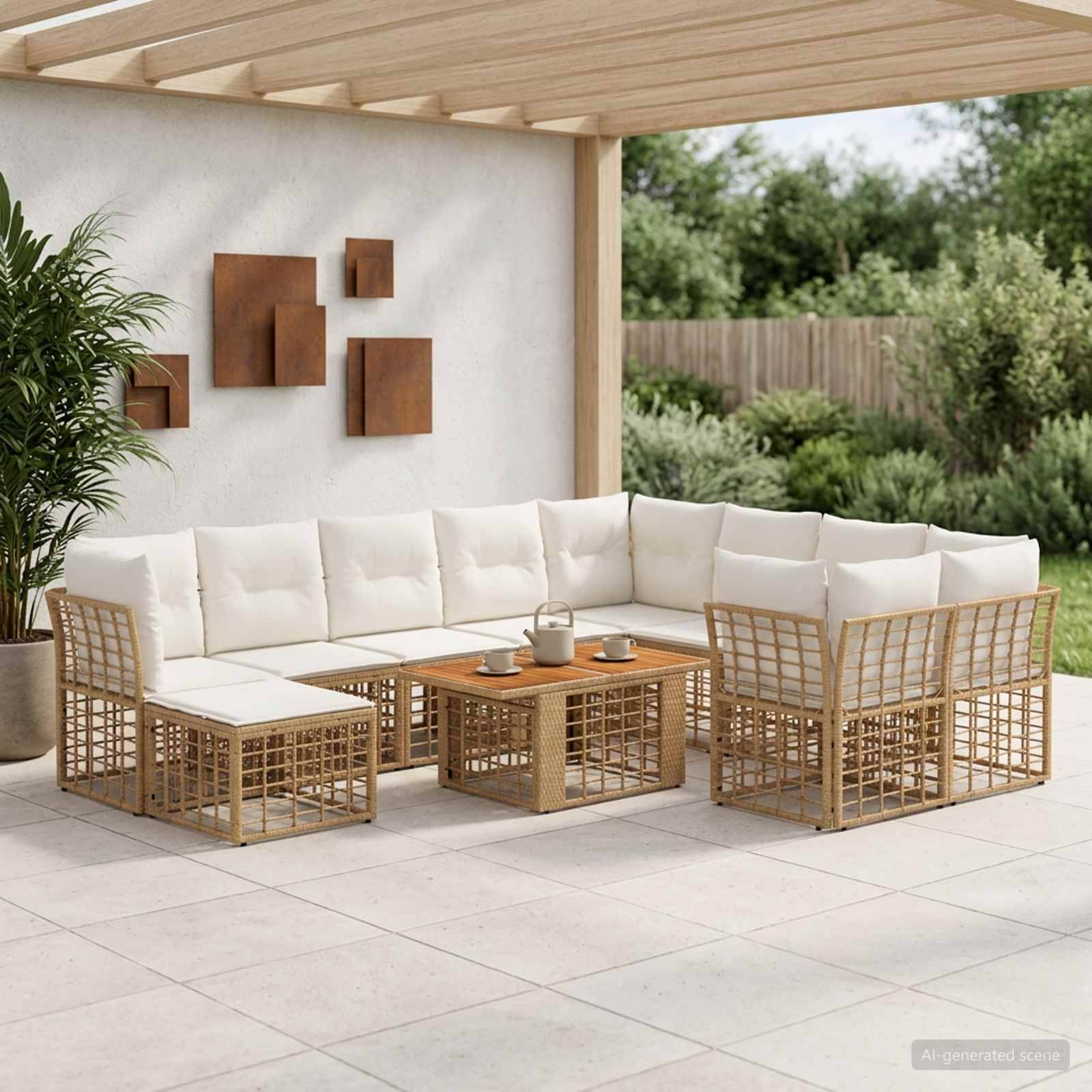 Sitzgruppe für die Terrasse im Freien mit weißen Kissen und geflochtenen beigen Rahmen, die um einen Holzkaffeetisch unter einer Pergola angeordnet sind.