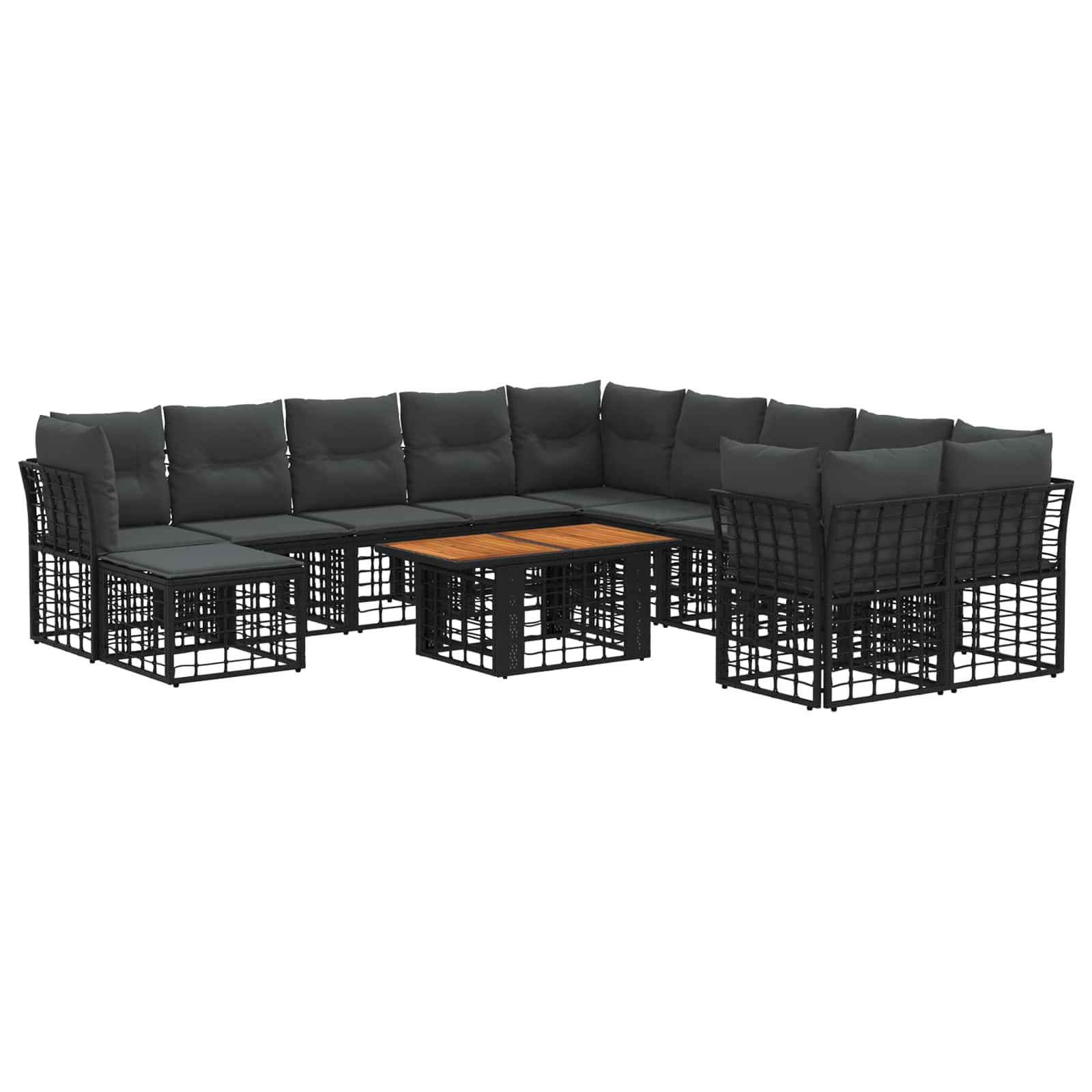 L-förmiges Outdoor-Lounge-Set mit schwarzen Metallrahmen, dunklen Kissen und zwei passenden Couchtischen auf weißem Hintergrund.