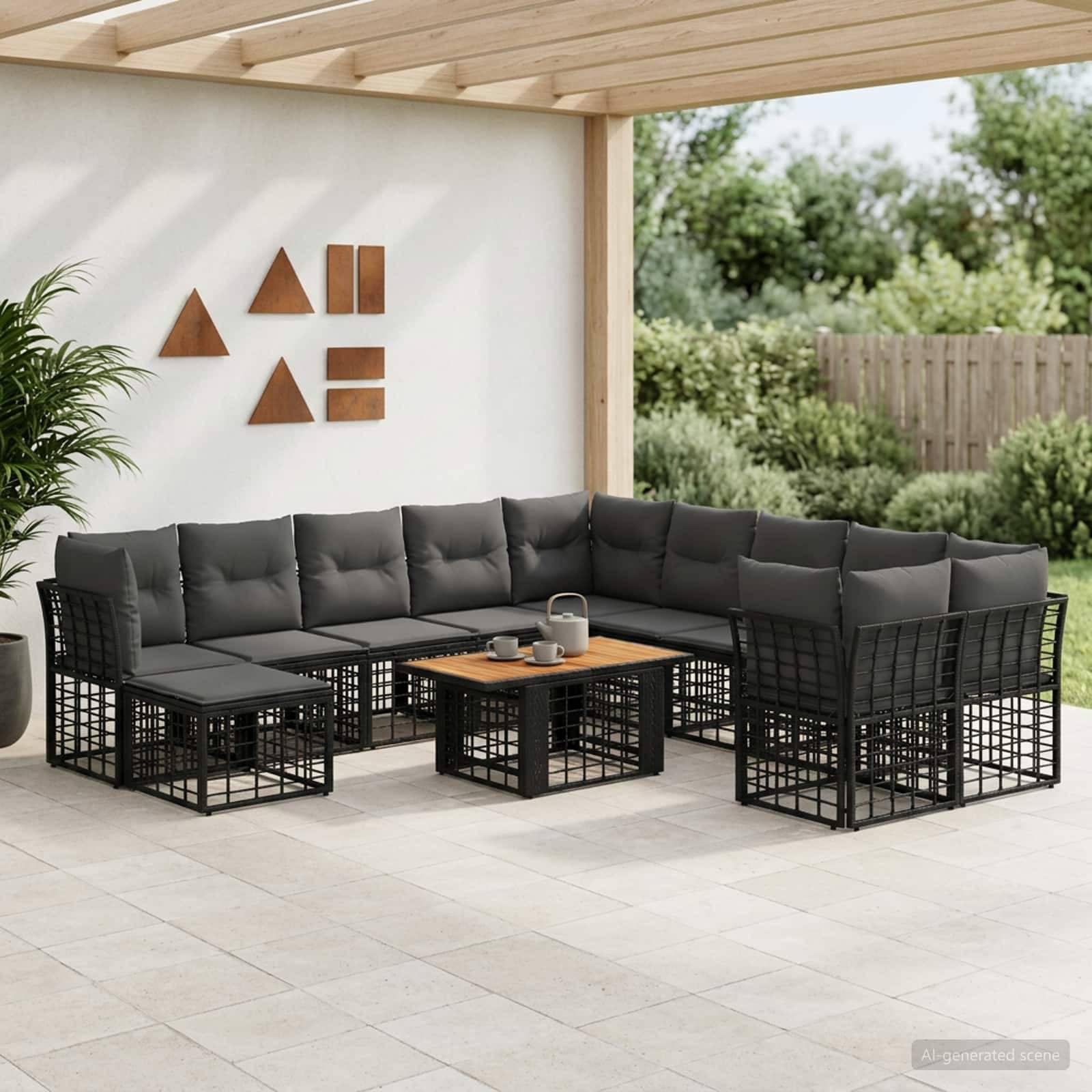 Überdachte Terrasse mit schwarzem L-förmigem Ecksofa und Couchtisch unter einer Pergola mit Dachbedeckung, vor einem Gartenhintergrund.