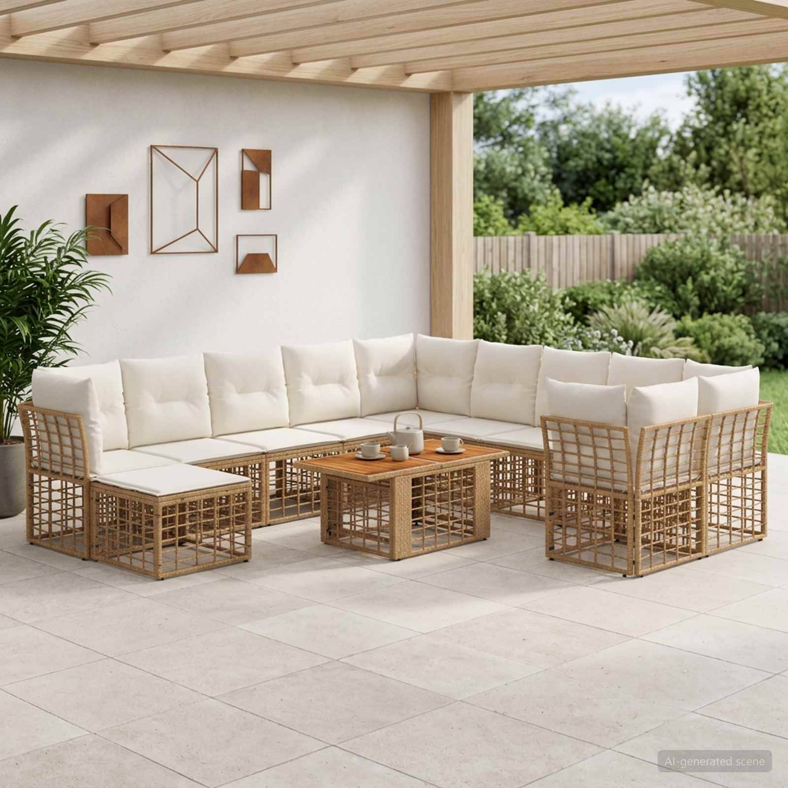 Outdoor-Terrasse mit beigefarbigem Ecksofa, dazu passenden Sesseln und Couchtisch unter einer Pergola mit Blick auf einen Garten.