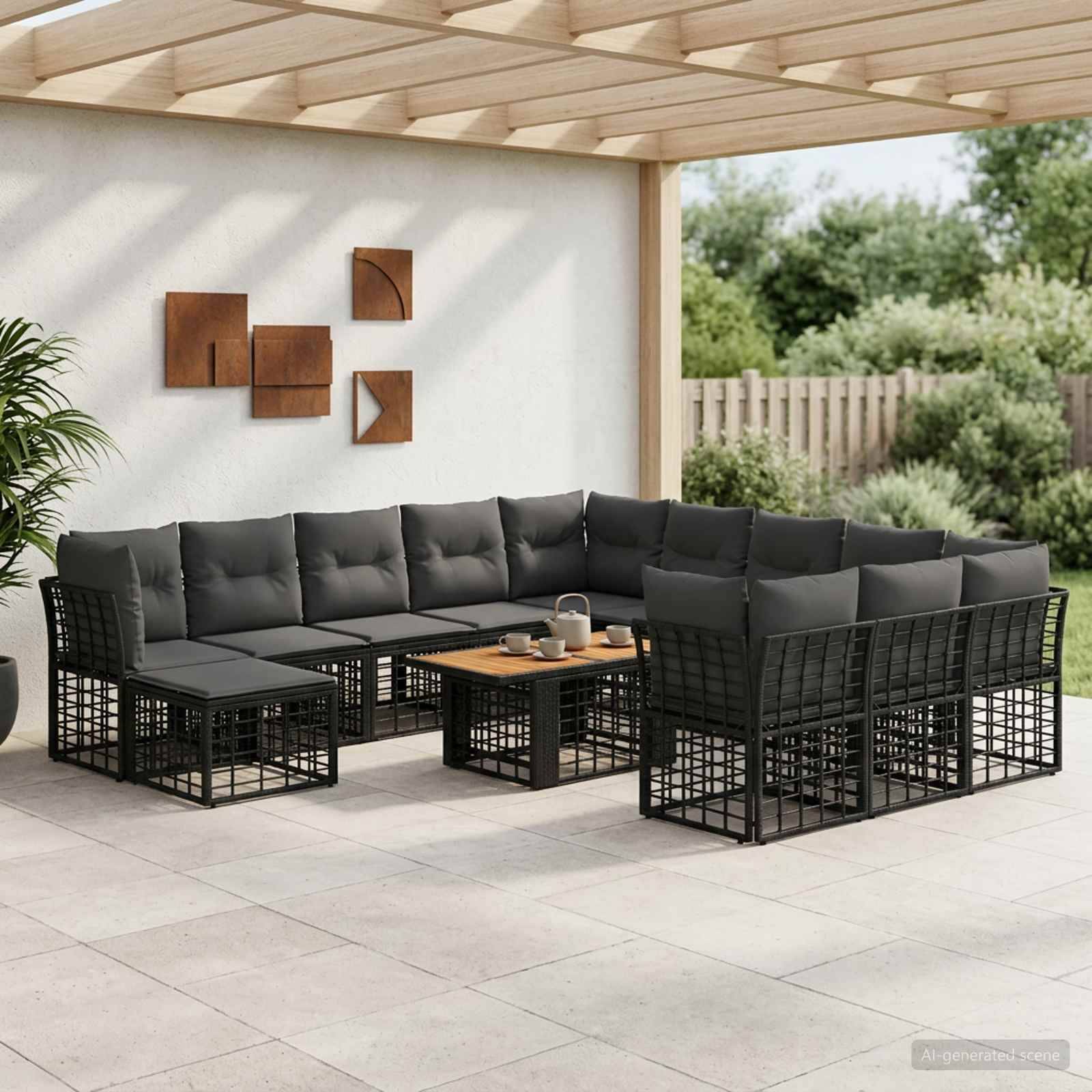 Lounge-Set für die Terrasse im Freien mit schwarzen Metall-Ecksofa, grauen Kissen und einem Couchtisch mit Holzplatte unter einer Pergola.