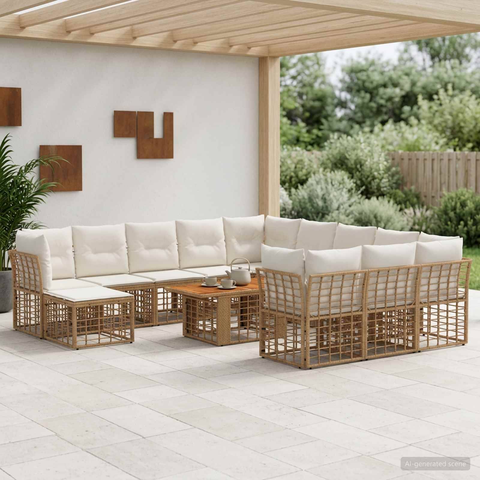 Außenbereich mit Terrasse mit weiß gepolsterten Korbsektionalsofas um einen Holz-Couchtisch unter einer Pergola.