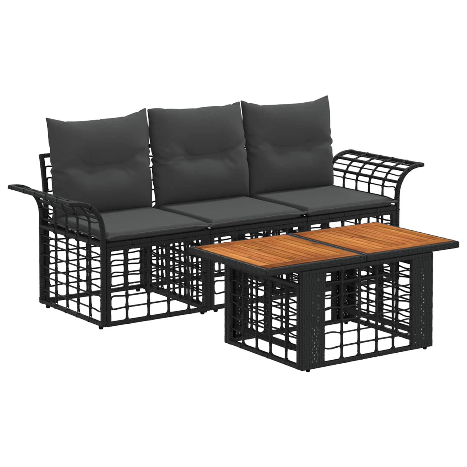Gartenpatio-Sofagarnitur mit schwarzem geflochtenem Metallrahmen, dunklen Kissen und passendem Couchtisch mit Holzlattentop.