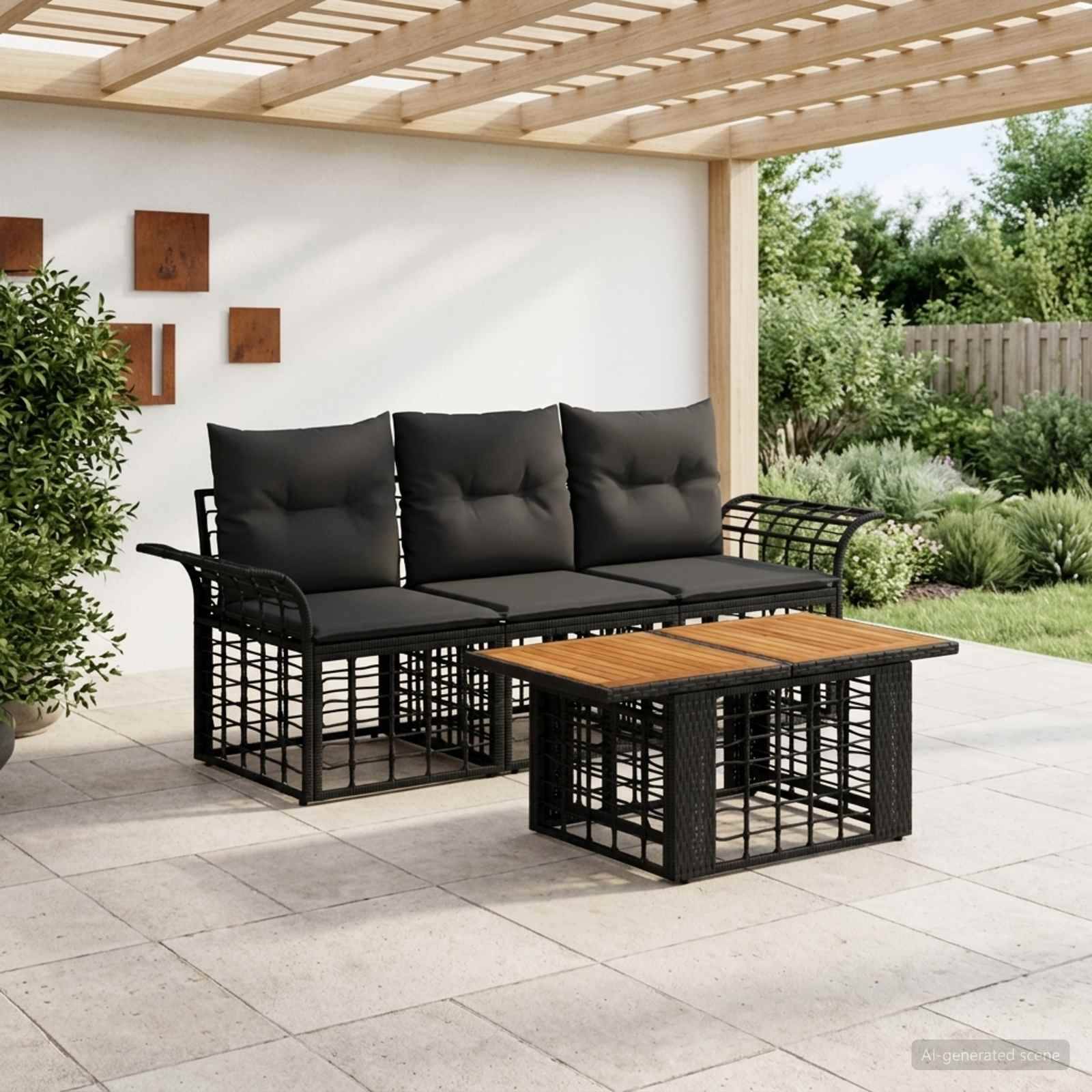 Außenterrassen-Sitzbereich mit einem Sofa mit schwarzem Metallrahmen, Couchtisch mit Holzplatte und pergolabedachter Terrasse neben einem Garten.