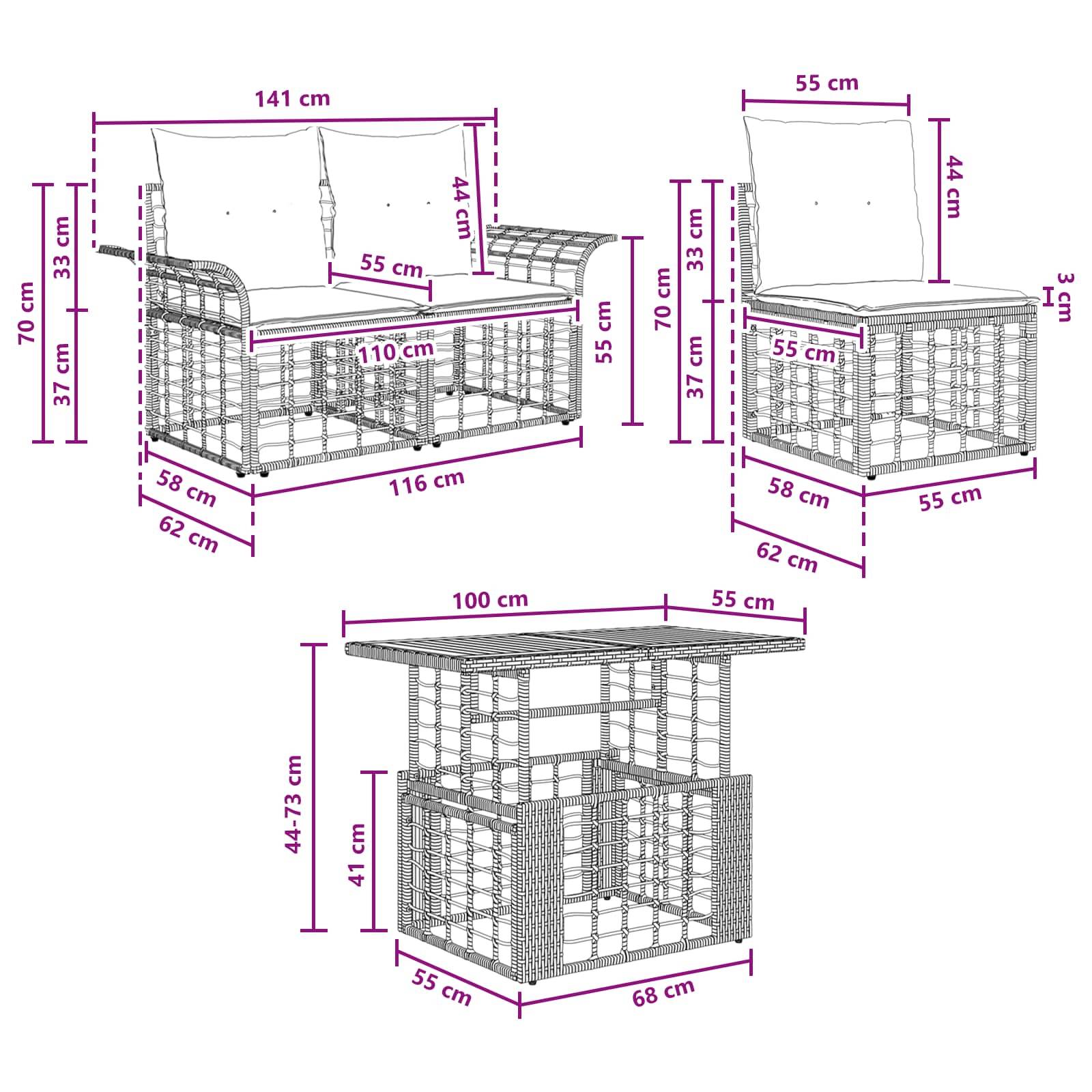 Wireframe-Diagramm eines Metall-Terrassenmöbel-Sets aus Stuhl und Tisch mit Kissen, das Abmessungen in Zentimetern für jedes Teil und das Gesamtlayout zeigt.