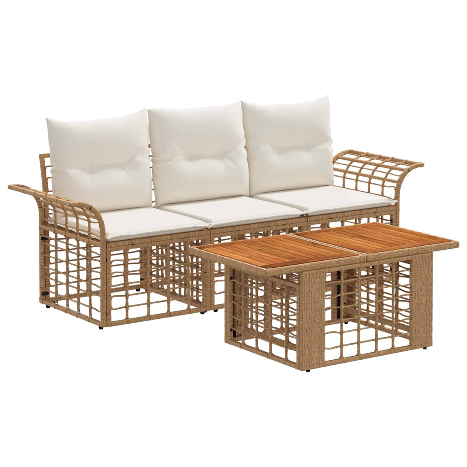 Rattan-Gartensofagarnitur mit weißen Kissen und passendem Couchtisch mit Holzplatte