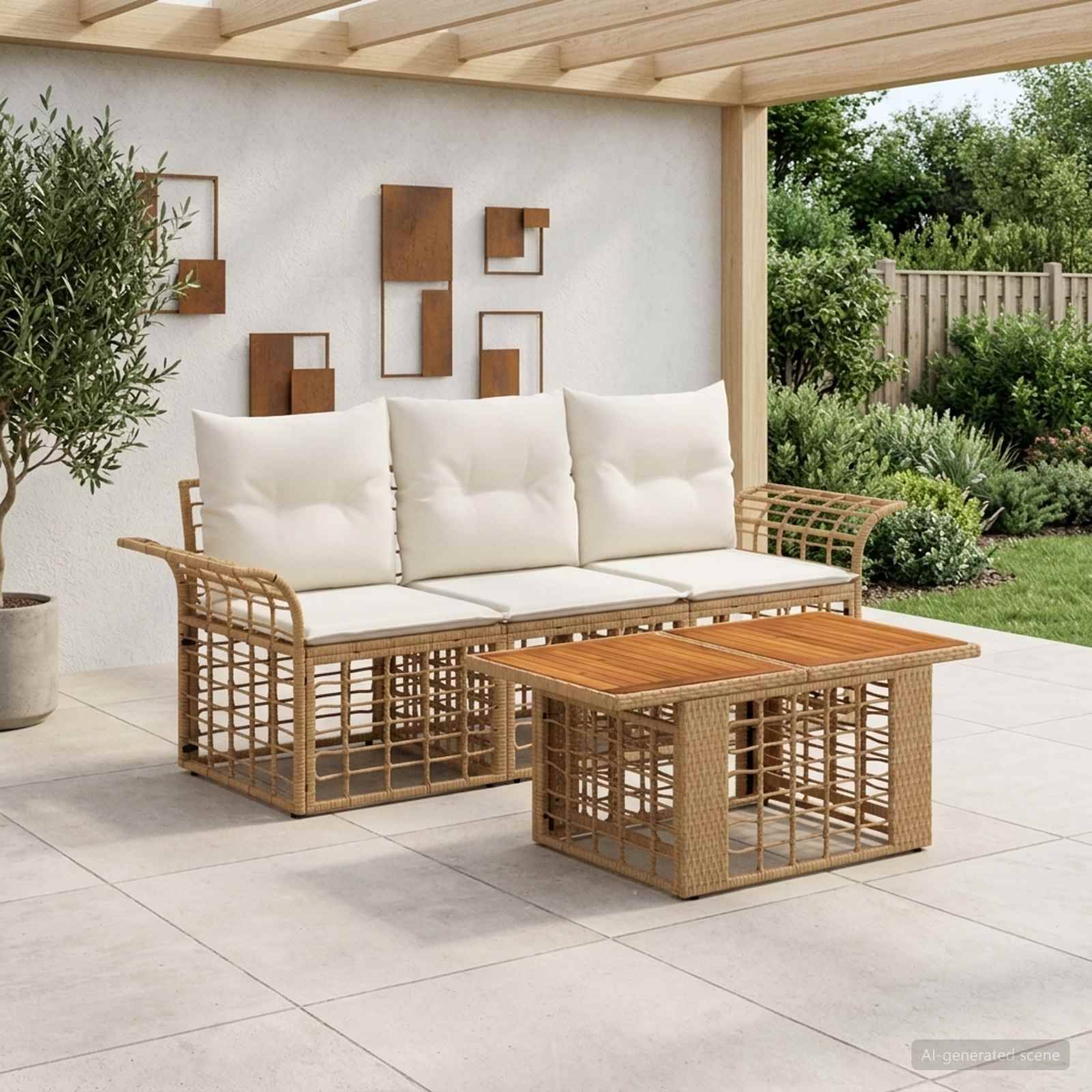 Outdoor-Sitzgarnitur aus Terrassenmöbeln mit geflochtener Rattansofa, cremeweißen Kissen und passendem Couchtisch auf einer überdachten Terrasse neben einem Garten.
