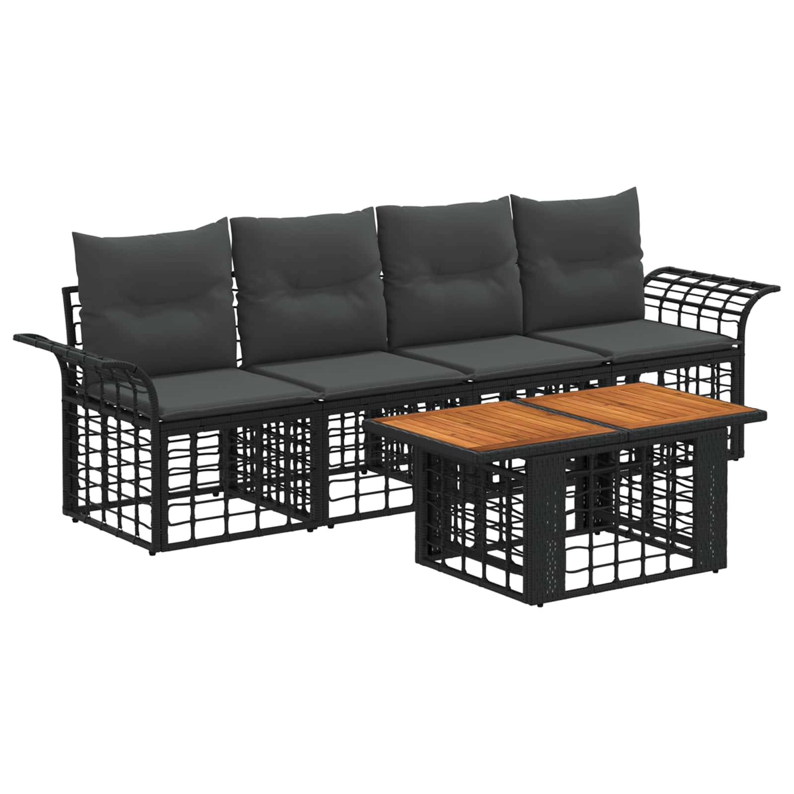 Schwarzes Metall-Außensofa mit grauen Kissen und einem passenden Couchtisch mit Holzplatte auf weißem Hintergrund.