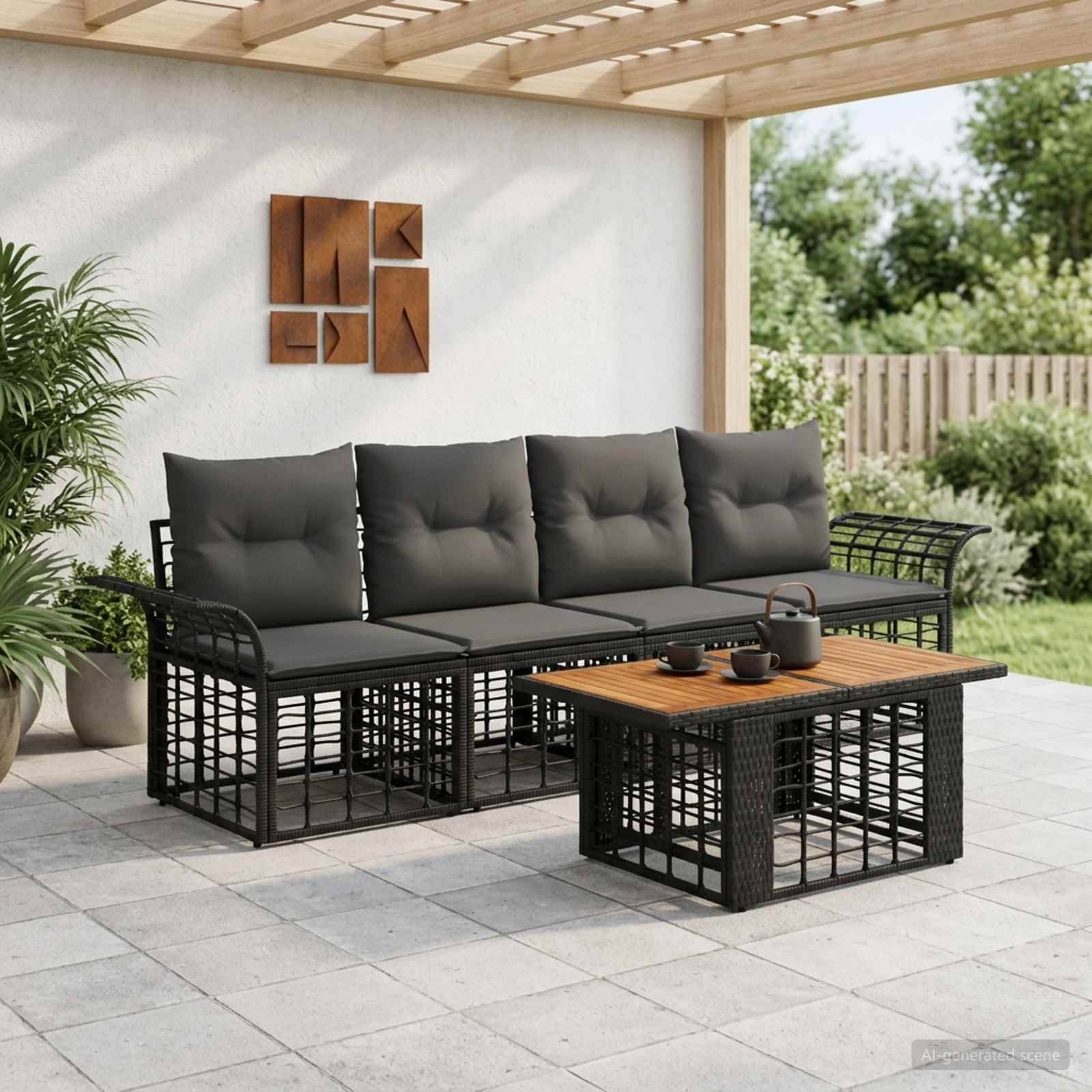 Überdachte Terrasse mit schwarzem Metall-Außensofa, hölzernem Couchtisch und Topfpflanze in einem gestalteten Garten.