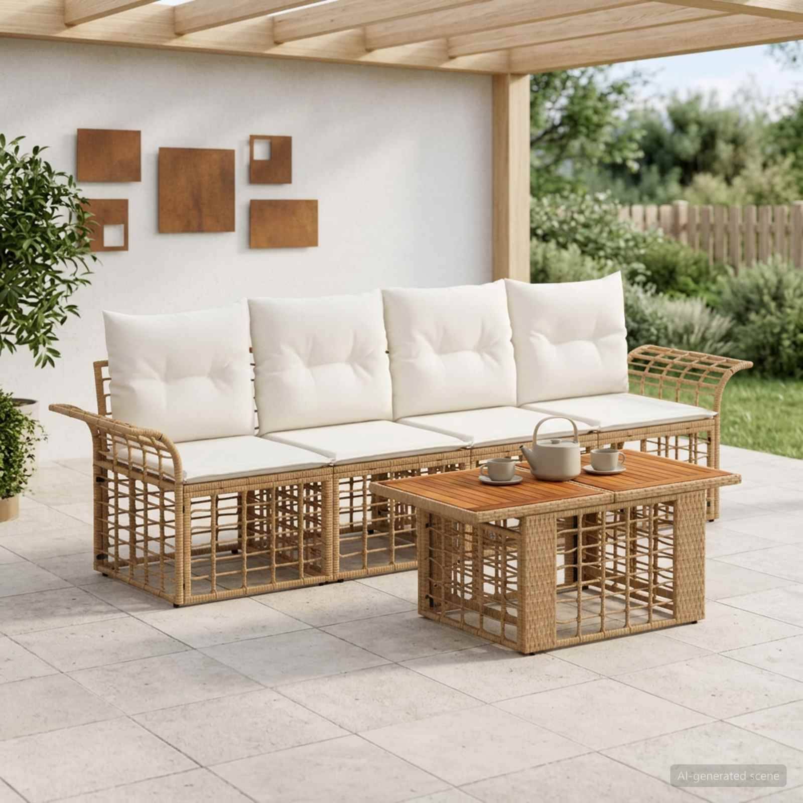 Gartensitzgruppe im Freien mit geflochtenem Rattansofa, gepolsterten Stühlen und passendem Couchtisch unter einer Pergola.