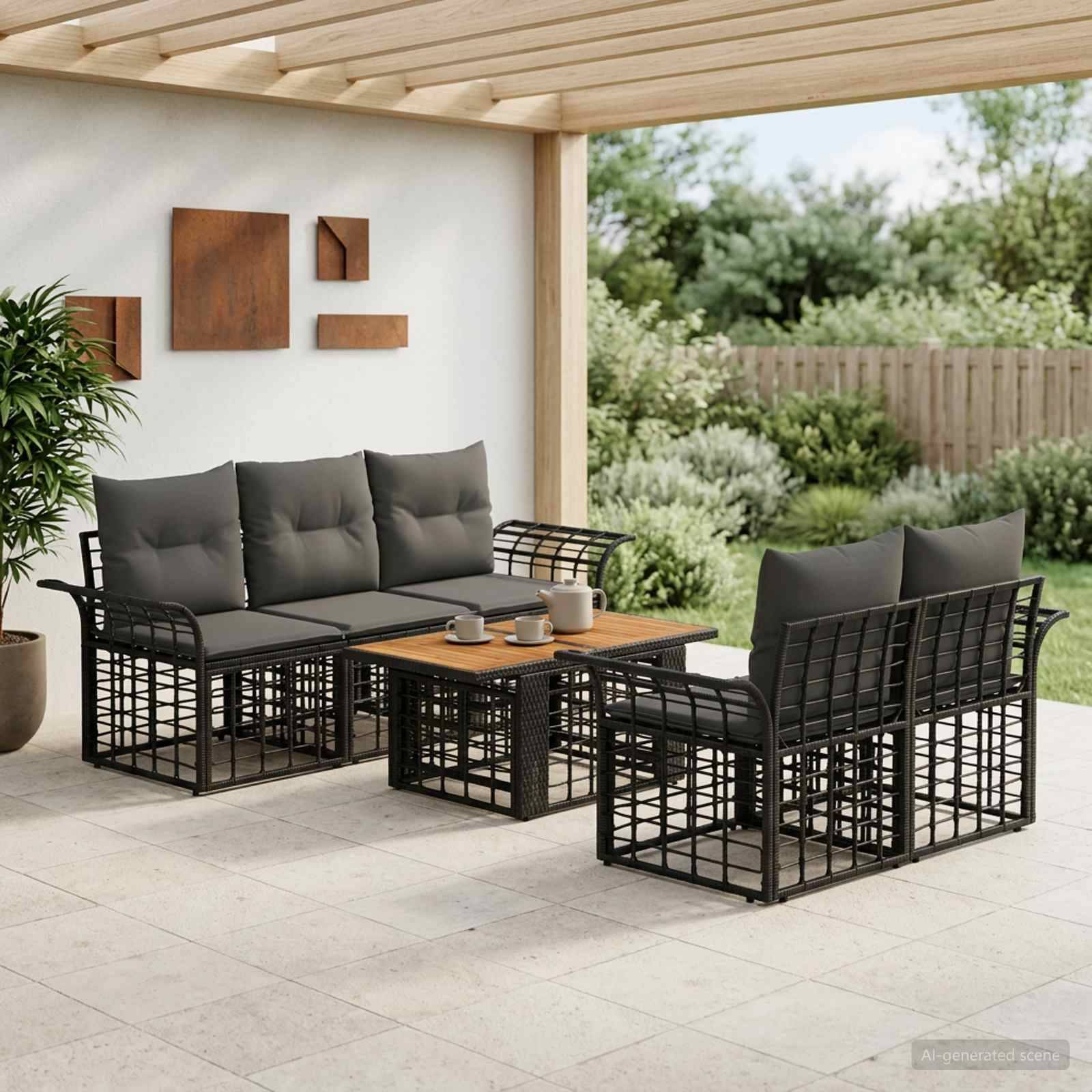 Überdachter Terrassensitzbereich mit schwarzem Metallsofa, zwei Stühlen und hölzernem Couchtisch unter einer überdachten Pergola mit Blick auf einen Garten.