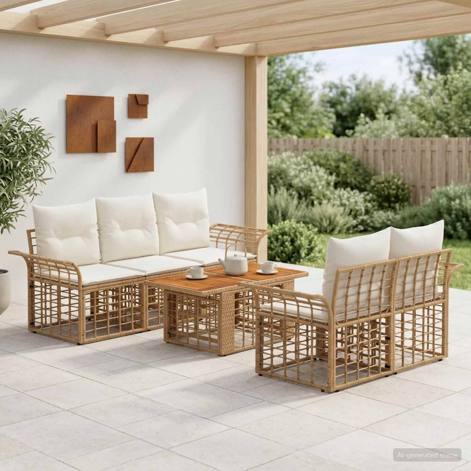 Modernes Outdoor-Patio-Sitzmöbelset mit zwei Korbsofas, einem Couchtisch und cremefarbenen Kissen unter einer Pergola in einem gestalteten Hinterhof.