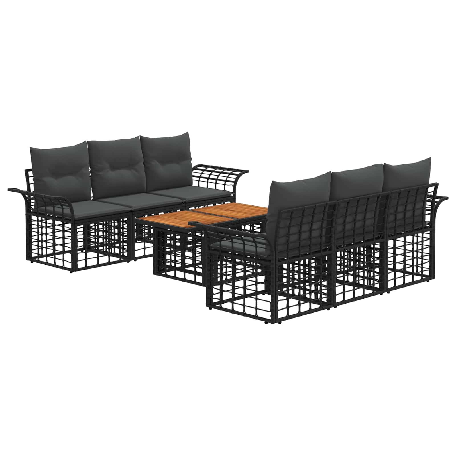 Schwarzes Metall-Außenbereich-Sitzmöbelset mit zwei gepolsterten Sofas und einem Couchtisch mit Holzplatte auf weißem Hintergrund.