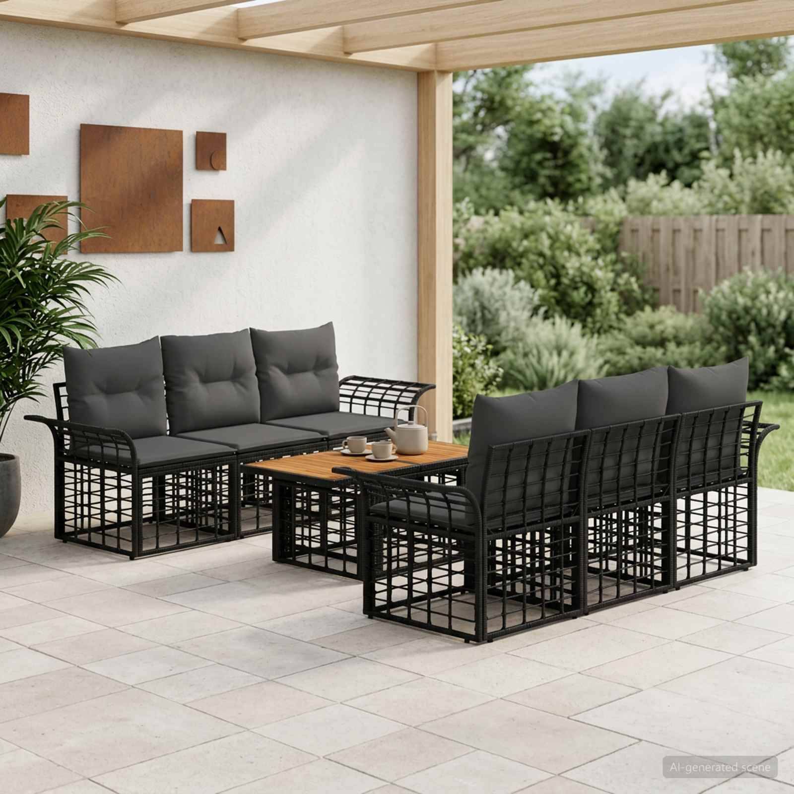 Outdoor-Terrassenmöbel-Set mit zwei schwarzen Metallsofas, passenden Sesseln, Couchtisch und grauen Kissen in einem überdachten Gartenbereich.