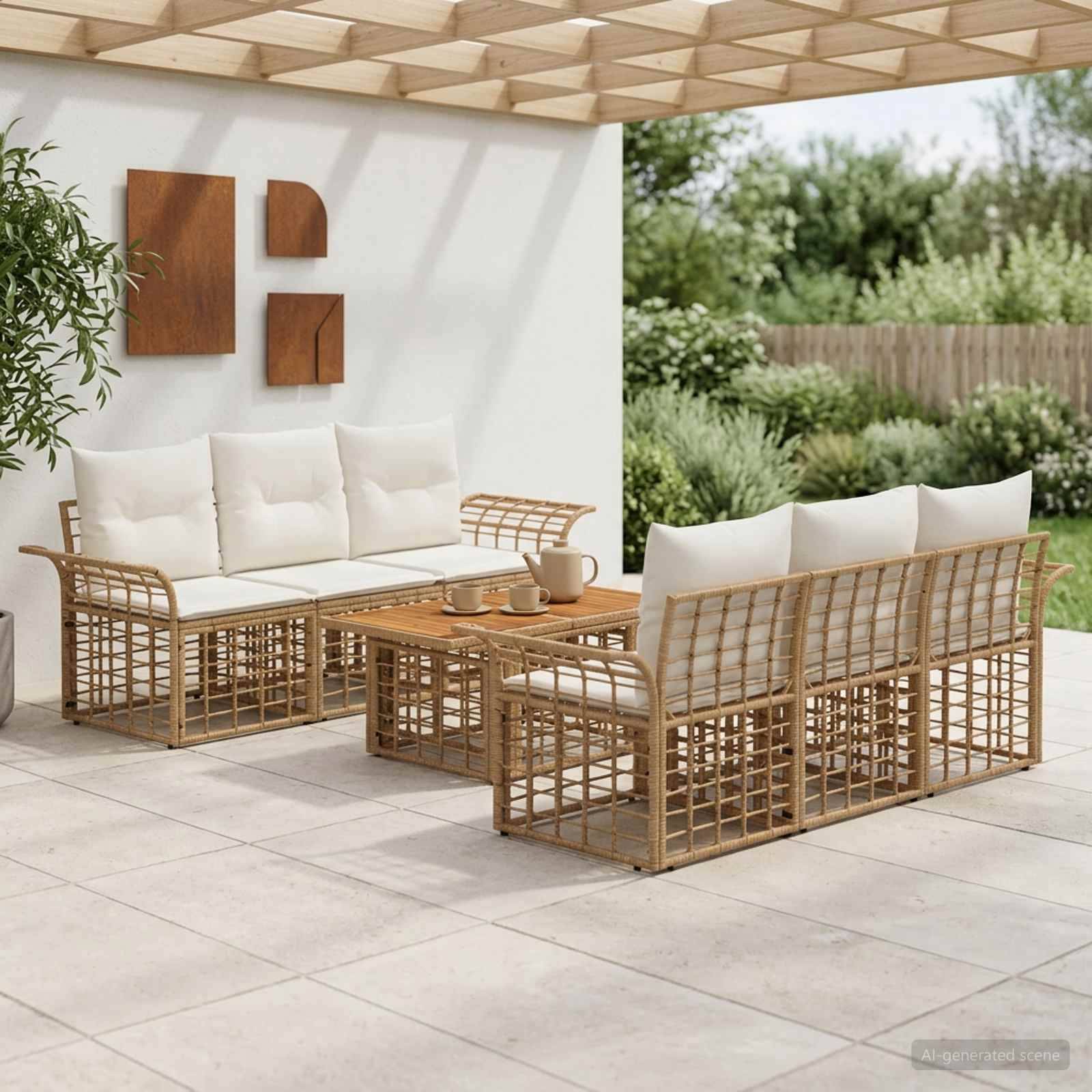 Outdoor-Sitzmöbelgarnitur mit zwei Korbsofas, Couchtisch und weißen Kissen unter einer überdachten Terrasse mit Gartenblick