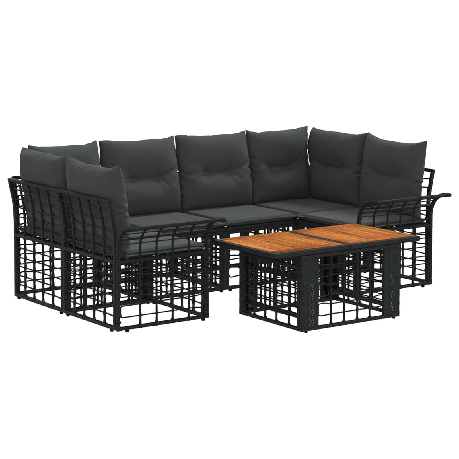Schwarze Außensektionalcouch mit dunklen Polstern und kleinem Couchtisch mit Holzplatte
