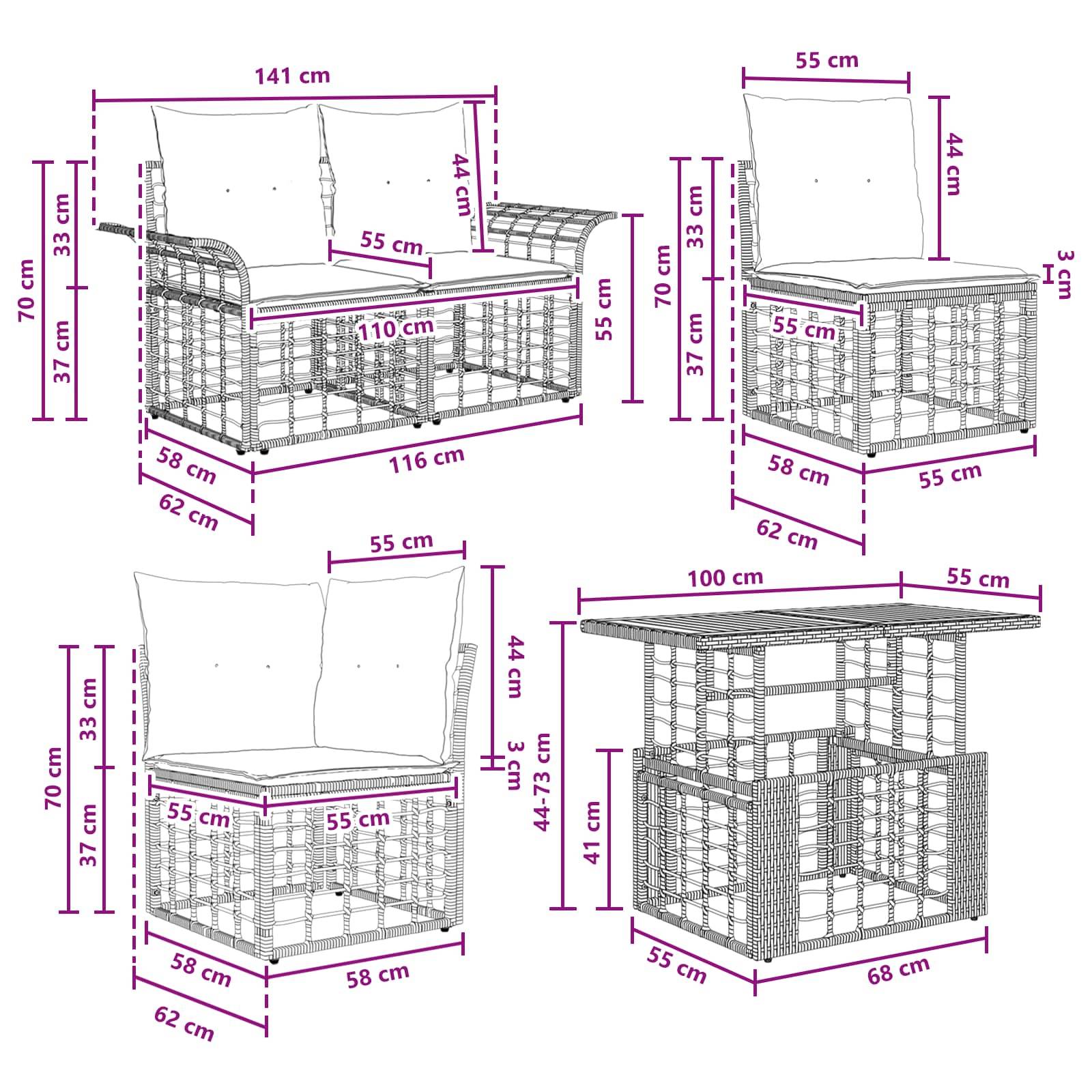Dimensioniertes Diagramm eines geflochtenen Outdoor-Sofasets mit vier Konfigurationen: Zweisitzer, Einzelsessel, Ecksessel und Tisch, mit Abmessungen in cm.