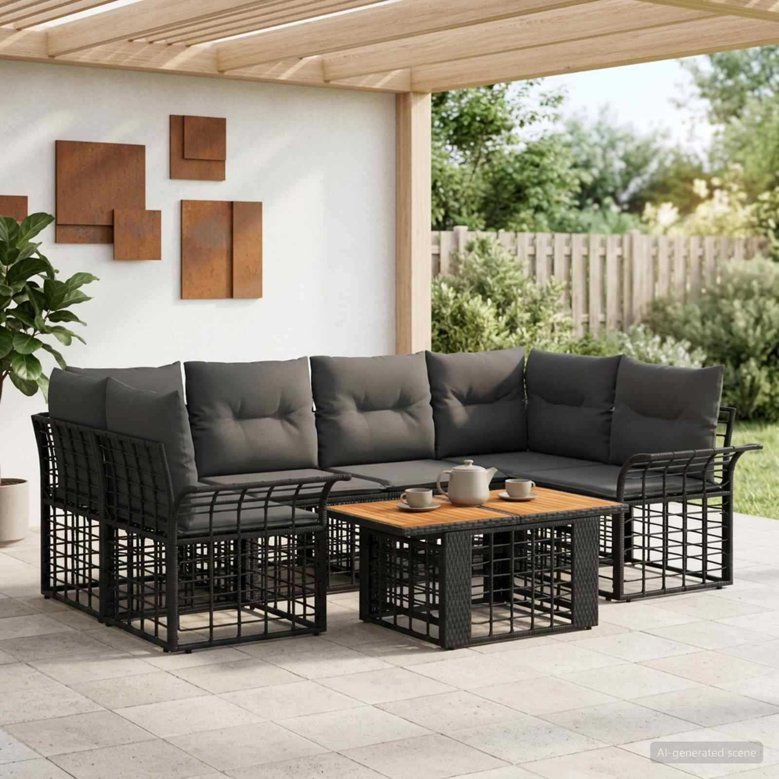 Sitzgarnitur für die Außenterrasse mit schwarzem Metallrahmen, grauem gepolstertem Ecksofa und Couchtisch auf einer überdachten Terrasse.