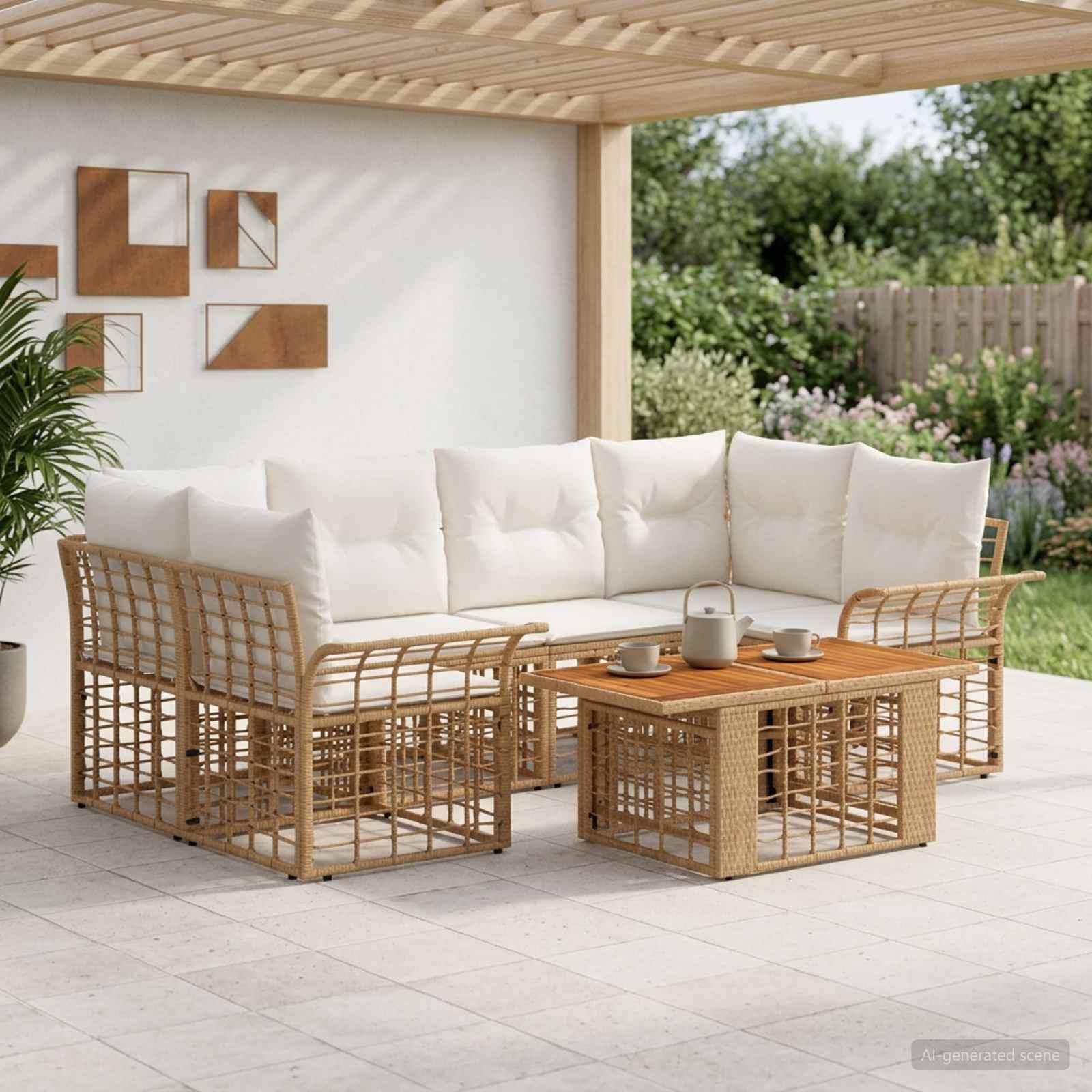Outdoor-Terrassensitzgruppe mit hellem Holzrahmen, weißen Kissen und passendem Couchtisch unter einer Pergola.