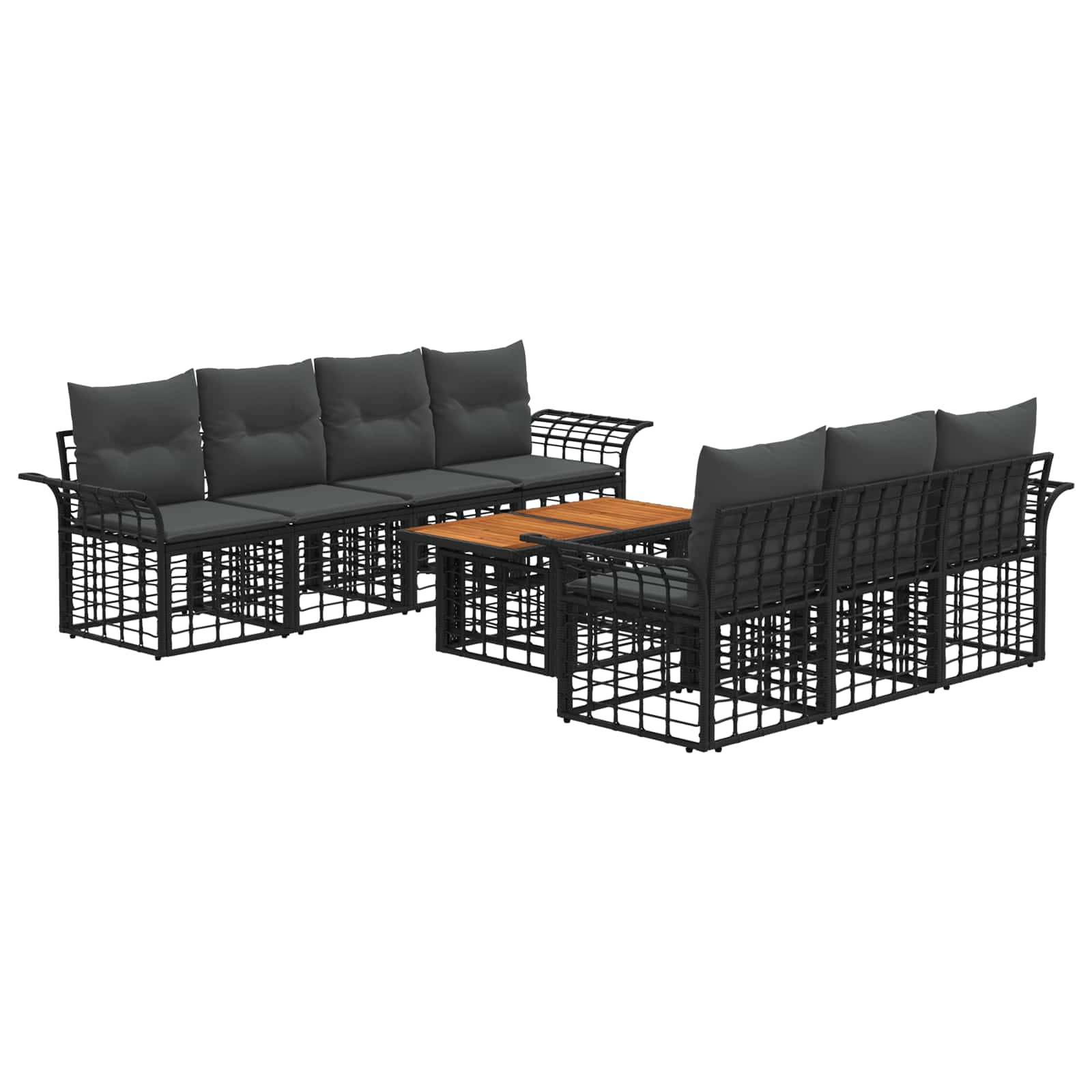 Schwarzes Outdoor-Patio-Sitzmöbel-Set mit zwei Sofas und passendem Couchtisch, mit gewebten Metallrahmen und dunklen Kissen.
