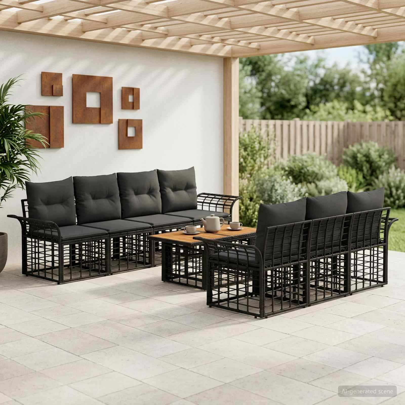 Modernes Outdoor-Terrassenmöbelset mit schwarzen Metallsofas, Couchtisch und Kissen unter einer Pergola in einem gestalteten Hinterhof.