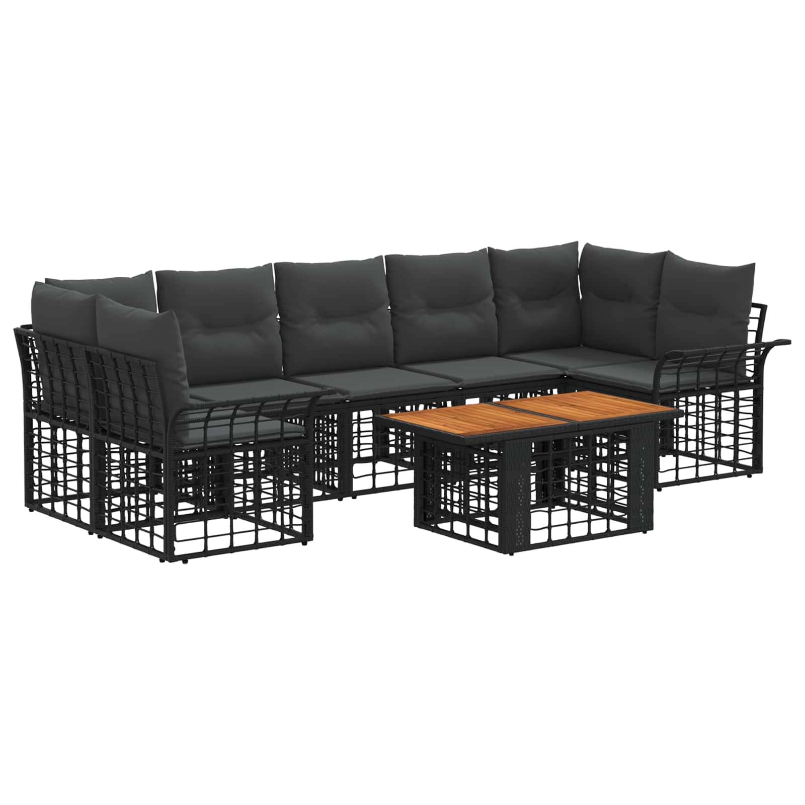 Schwarzes Outdoor-Ecksofa mit gepolsterten Sitzen und einem Couchtisch aus Holz mit Lamellen, auf weißem Hintergrund dargestellt.