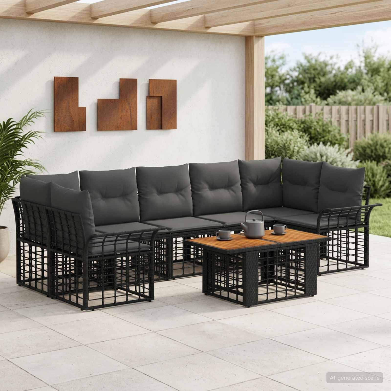 Modernes schwarzes Outdoor-Ecksofa-Set mit grauen Kissen und passendem Couchtisch auf einer überdachten Terrasse.
