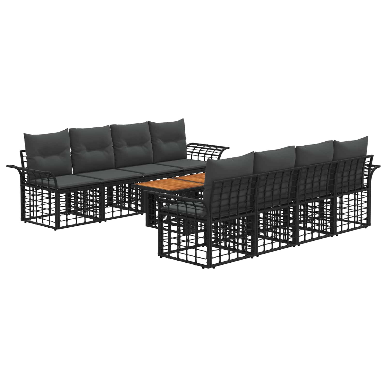 Schwarze Outdoor-Sektionalgarnitur mit zwei gepolsterten Sofas und einem kleinen Tisch mit Holzplatte