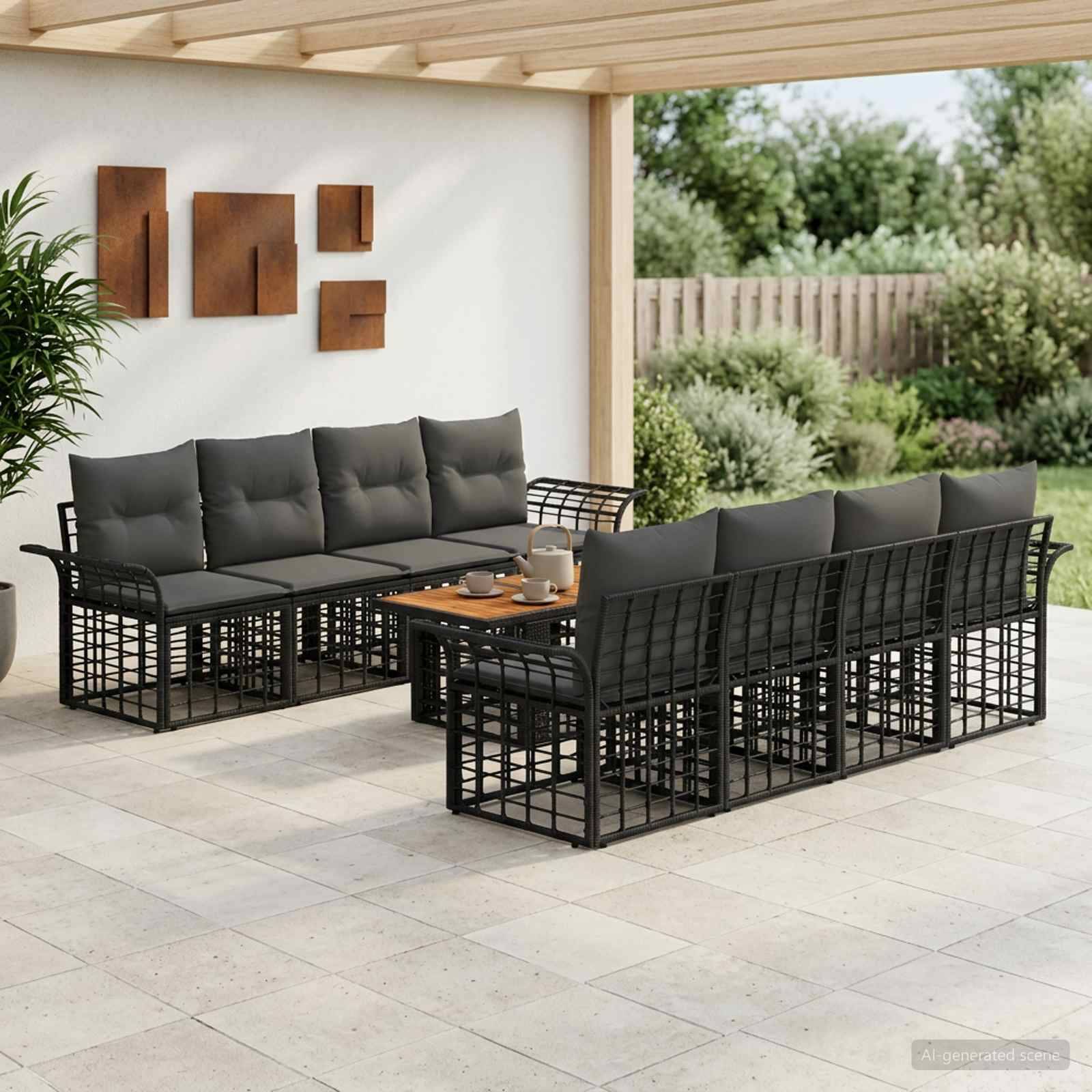 Außenbereich-Sitzgruppe mit schwarzen Metallrahmen, dunklen Kissen und zwei niedrigen Tischen unter einer überdachten Terrasse.
