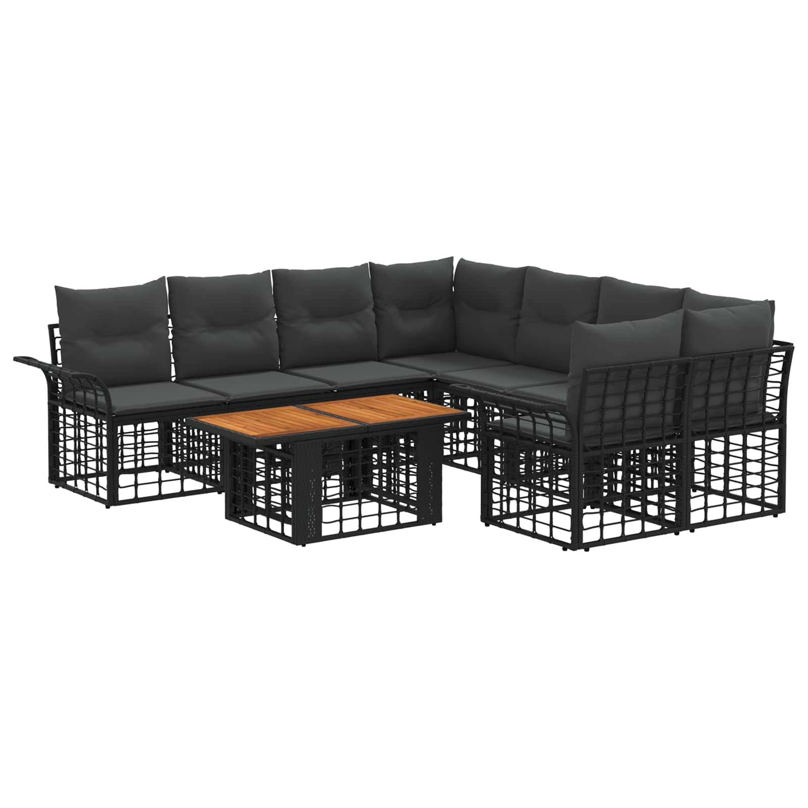 Schwarzes modulares Outdoor-Sofa-Set mit dunklen Kissen, Gitterrahmen-Sesseln und einem kleinen Couchtisch mit Holzplatte auf weißem Hintergrund
