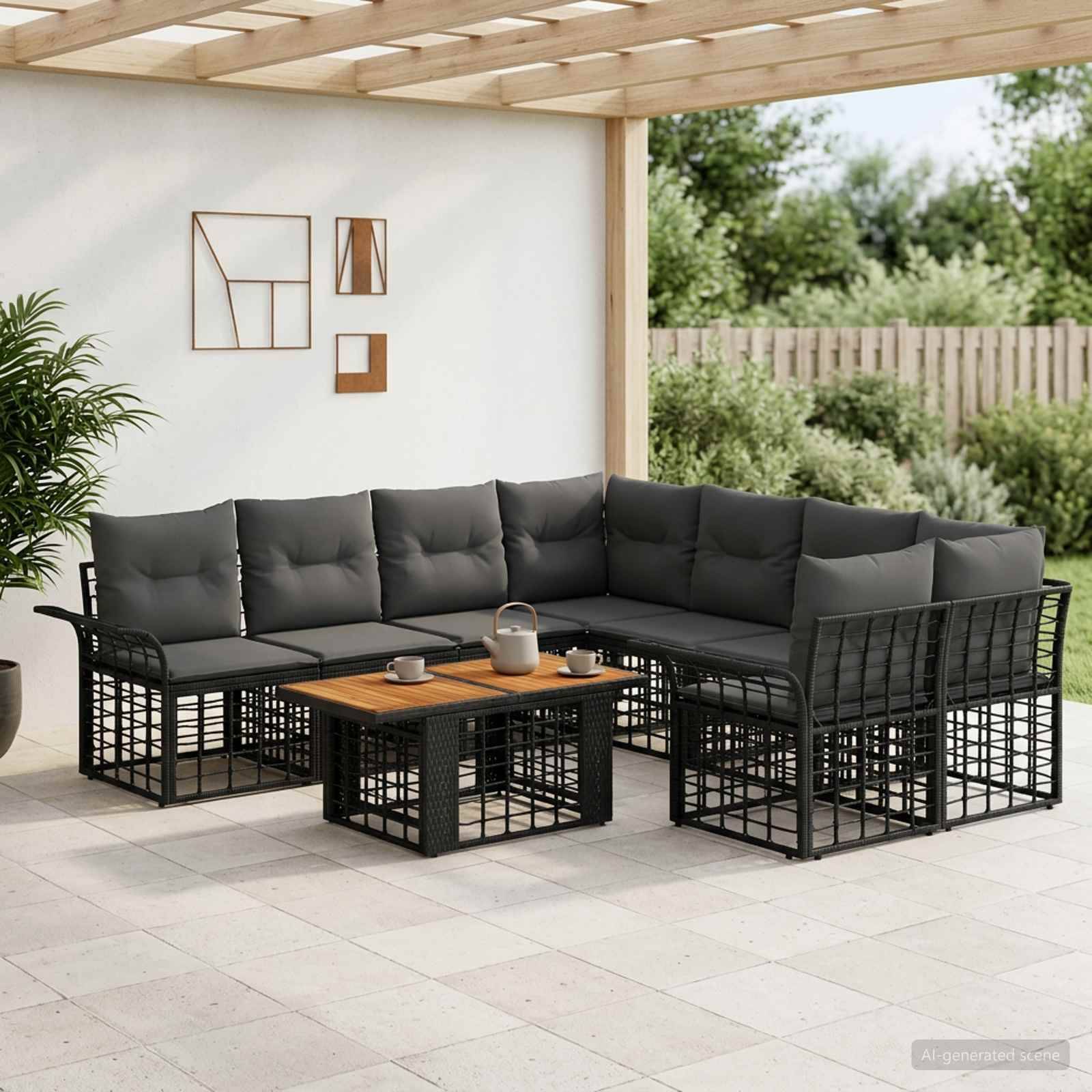 Outdoor-Sitzbereich mit dunkel gepolsterten Sektionialsofas rund um einen Couchtisch mit Holzplatte unter einer überdachten Pergola.