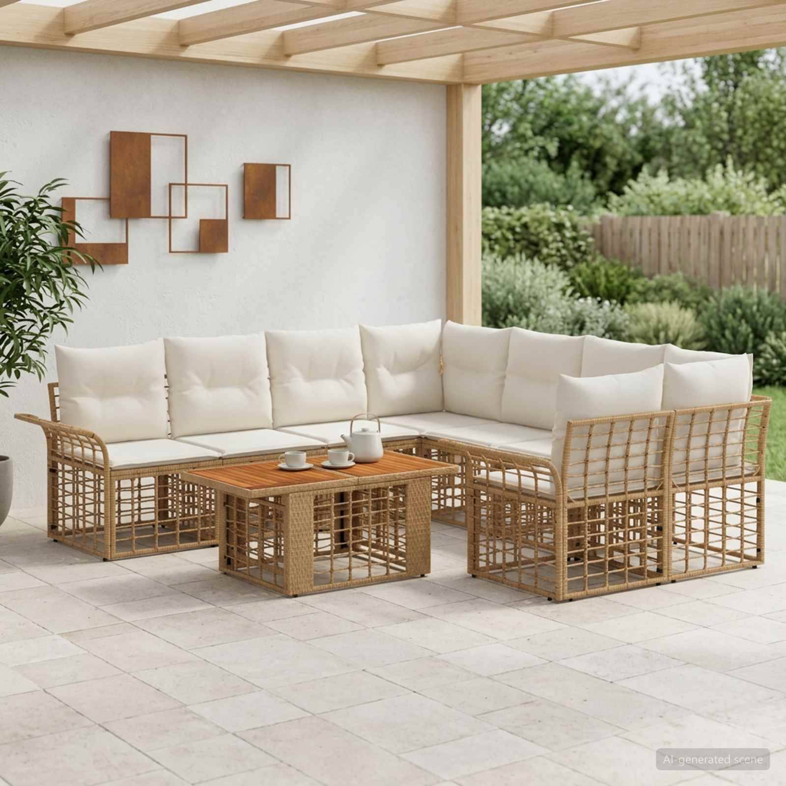 Außenterrassen-Sitzbereich mit einem L-förmigen Rattan-Sitzelement, cremefarbenen Kissen und einem niedriger Couchtisch unter einer hölzernen Pergola.