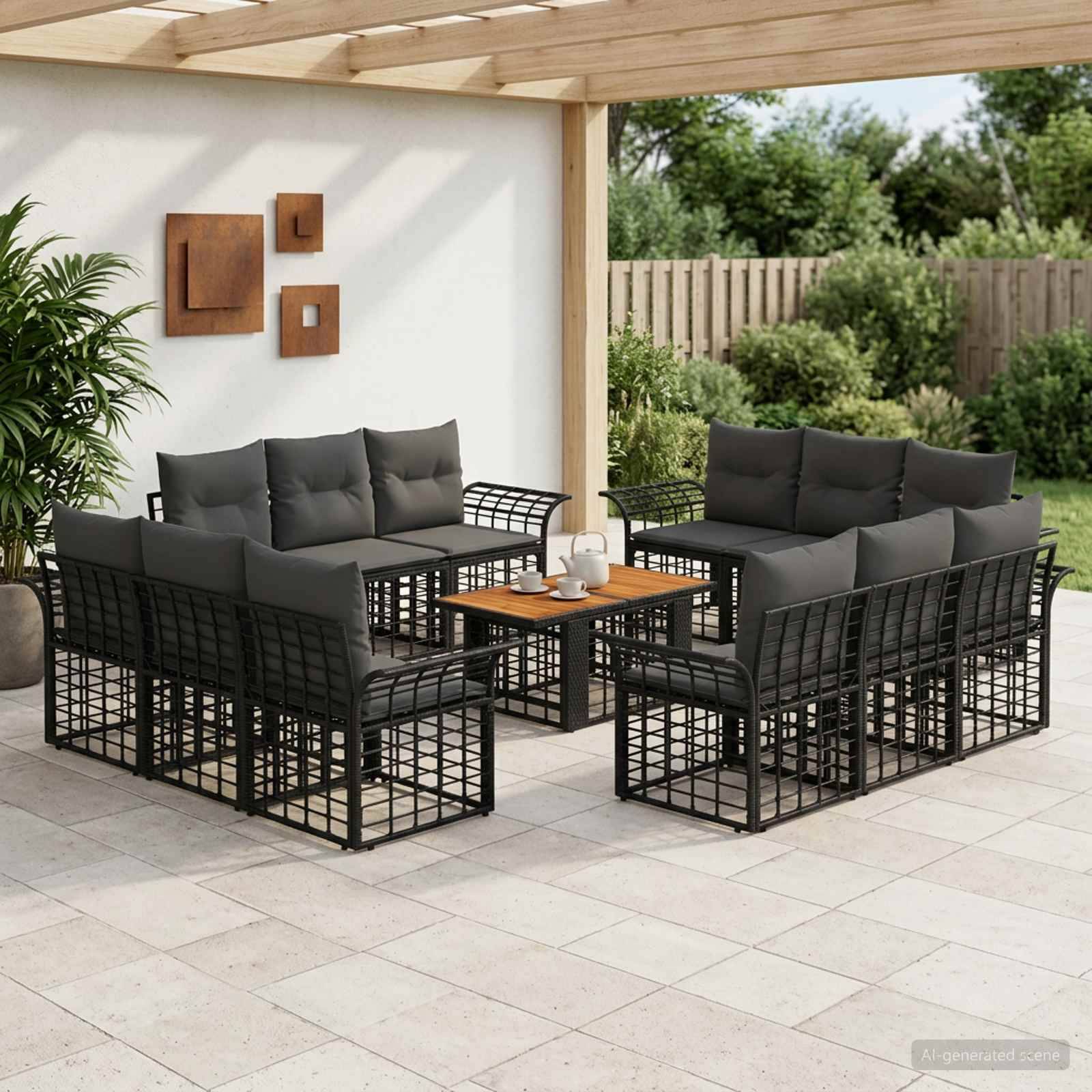 Gartenmöbel-Set mit zwei schwarzen Rattan-Sofas, zwei Stühlen und einem Couchtisch unter einer Holz-Pergola.