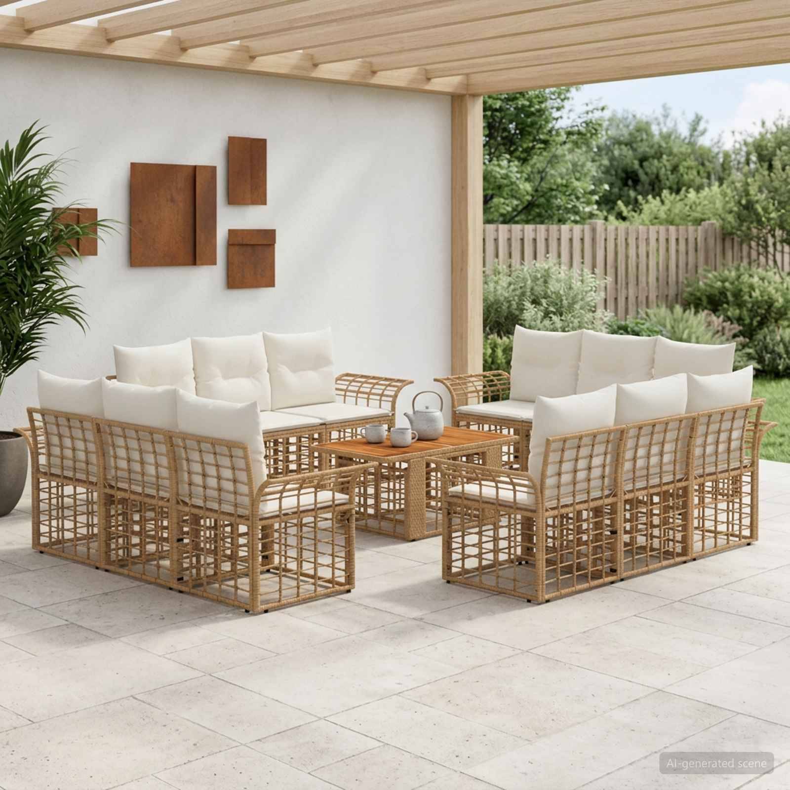 Überdachte Terrasse mit zwei Korbmöbel-Sitzgruppen, einem Holzkaffeetisch und cremefarbenen Kissen neben einem Gartenzaun.